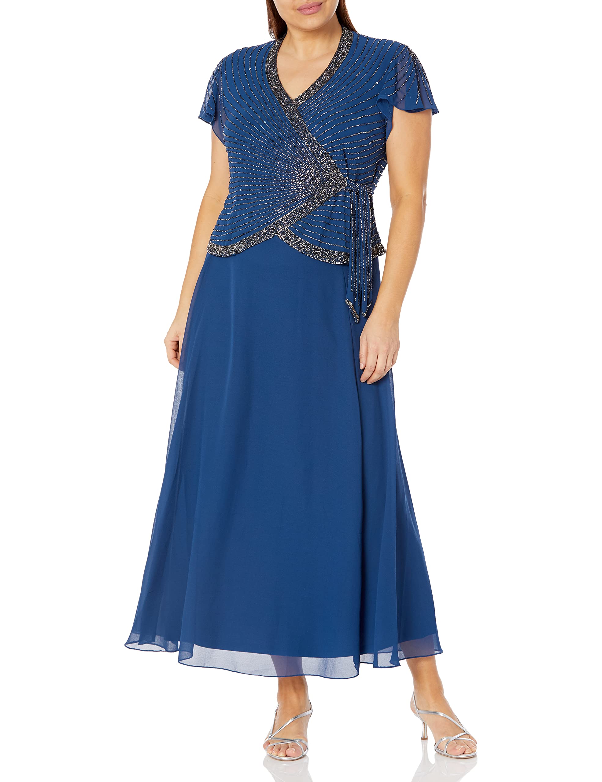 J Kara Women's Plus Size Faux Wrap Long Dress with Flutter Sleeves - Elegant Flowy Midi Dress for Casual Wear, Office & Special Occasions