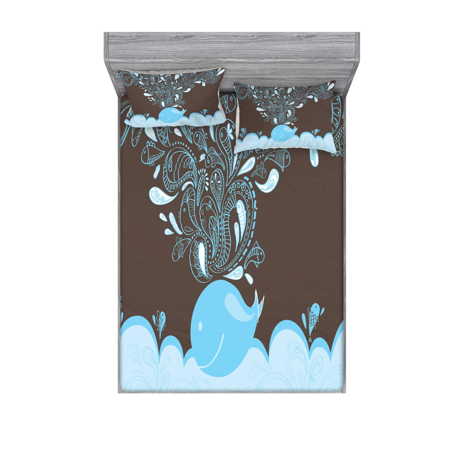 Ambesonne Whale Fitted Sheet & Pillow Sham Set - Ocean Bubbles Cartoon Batik Tribal Style 3-Piece Bedding Decor - Full Size Blue and Brown - Perfect for Kids' Rooms, Beach Themed Decor & Coastal Home Styling