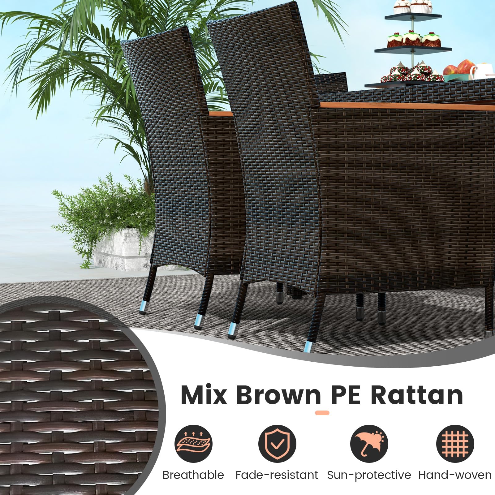Tangkula 7-Piece Outdoor Wicker Dining Set with Acacia Wood Table & 6 Stackable Chairs - Patio Furniture with 1.96