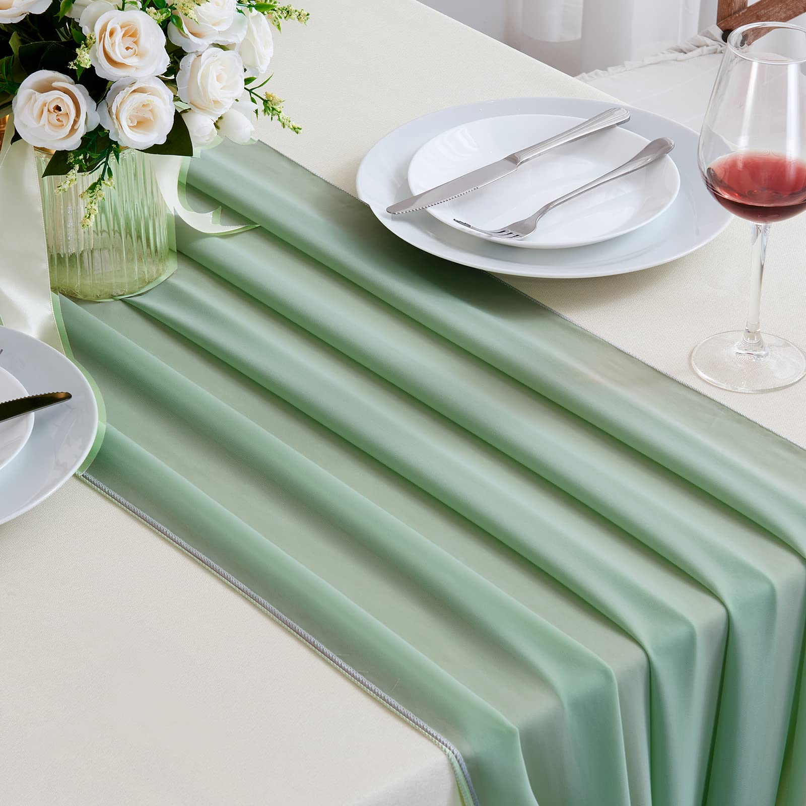 5 Pack Sage Green Chiffon Table Runner 10Ft (29x120 Inches) - Sheer Romantic Tulle Wedding Table Decor for Bridal Shower, Baby Shower, Birthday Party & Cake Table Decoration - Elegant Event & Home Decor