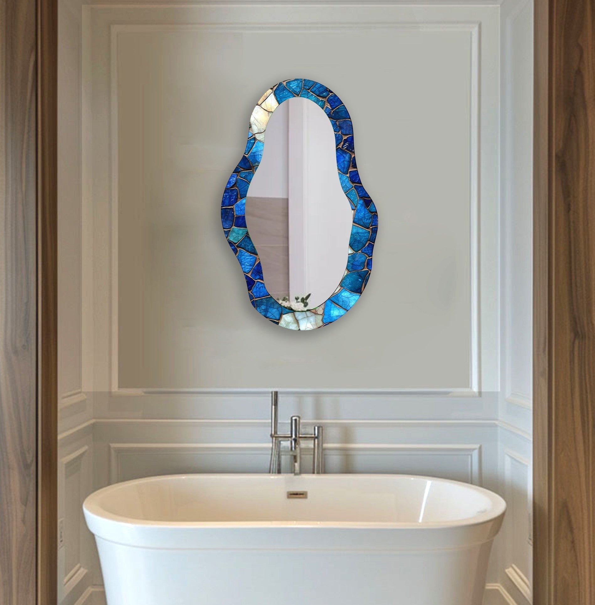Blue Mosaic Asymmetrical Wall Mirror - Handcrafted Boho Decor for Living Room, Bedroom & Entryway - Unique Decorative Mirror for Home & Office