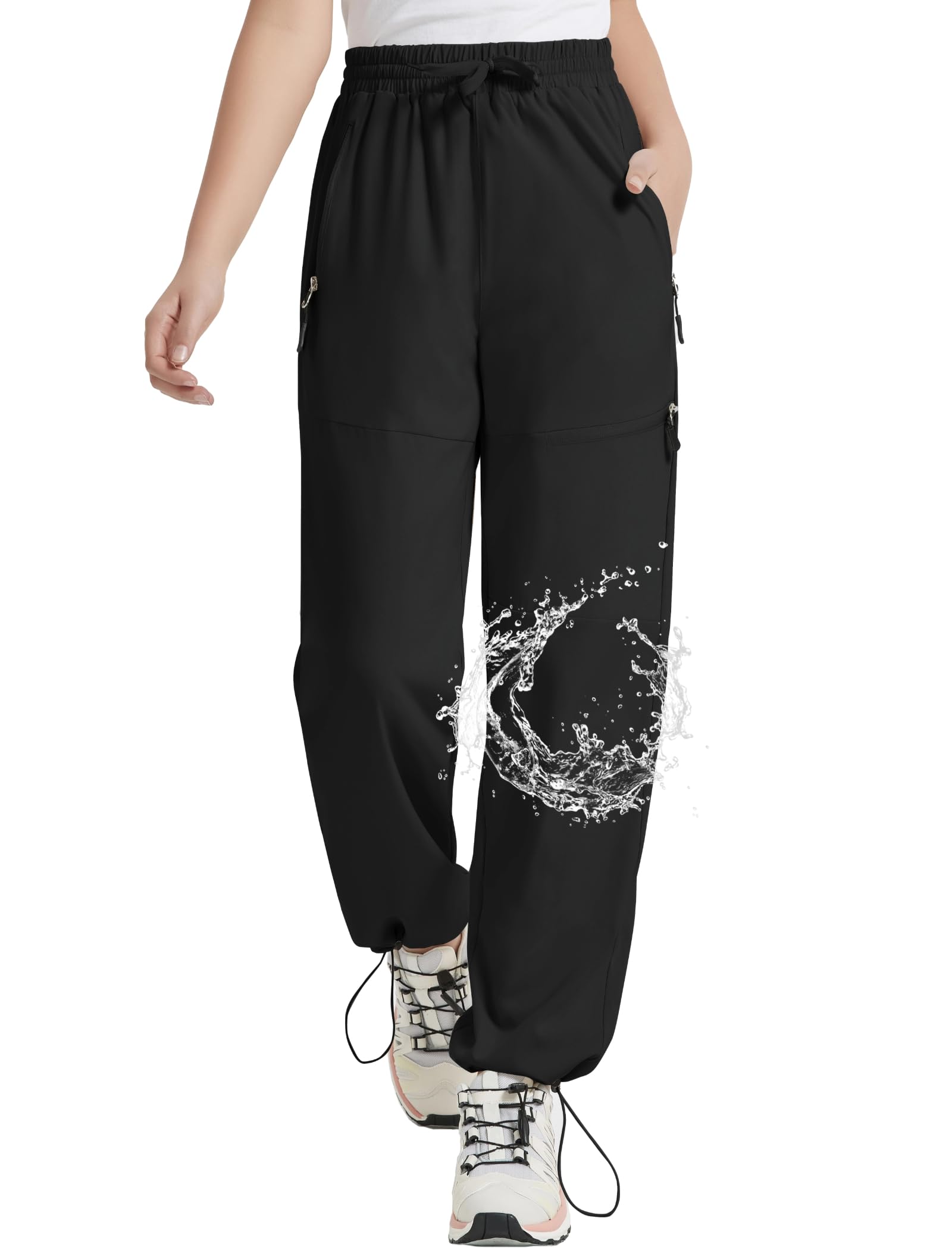 EXARUS Girls Water Resistant Joggers - Quick Dry Hiking Pants with Zip Pockets for Kids 6-14 Years - High Waisted Lightweight Athletic Pants for Outdoor Activities, School & Play