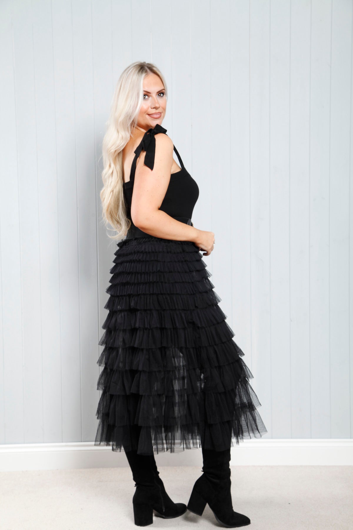 Giovanna Ruffle Dress for Women - Elegant Black Flowy Midi Dress with Feminine Ruffles | Perfect for Parties, Weddings & Special Occasions