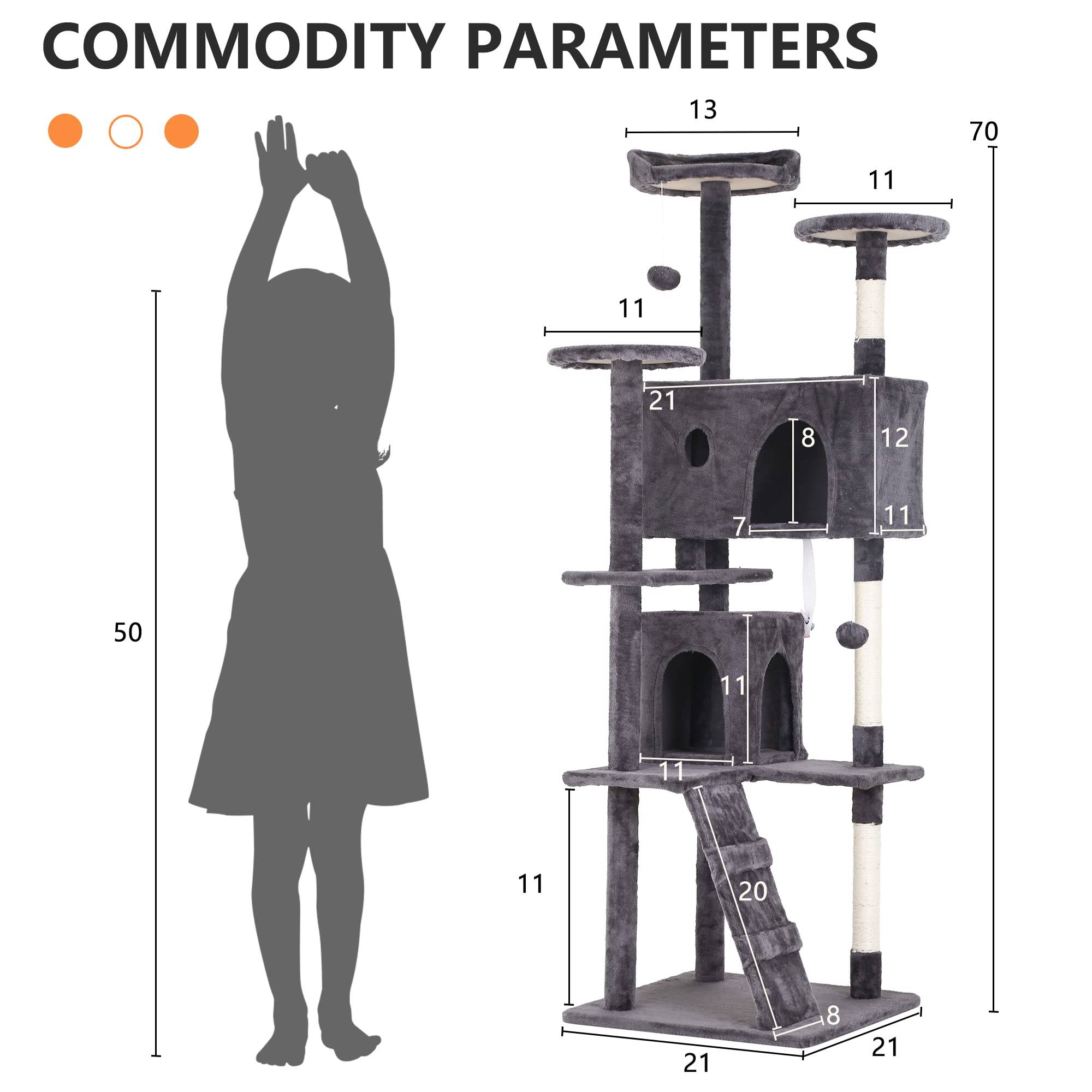 BestPet 70-inch Multi-Level Cat Tree Tower for Indoor Cats - Durable Cat Furniture with Scratching Posts, Condo & Fun Toys - Light Gray Activity Center for Kittens & Adult Cats - Perfect for Play, Exercise & Relaxation in Home or Apartment