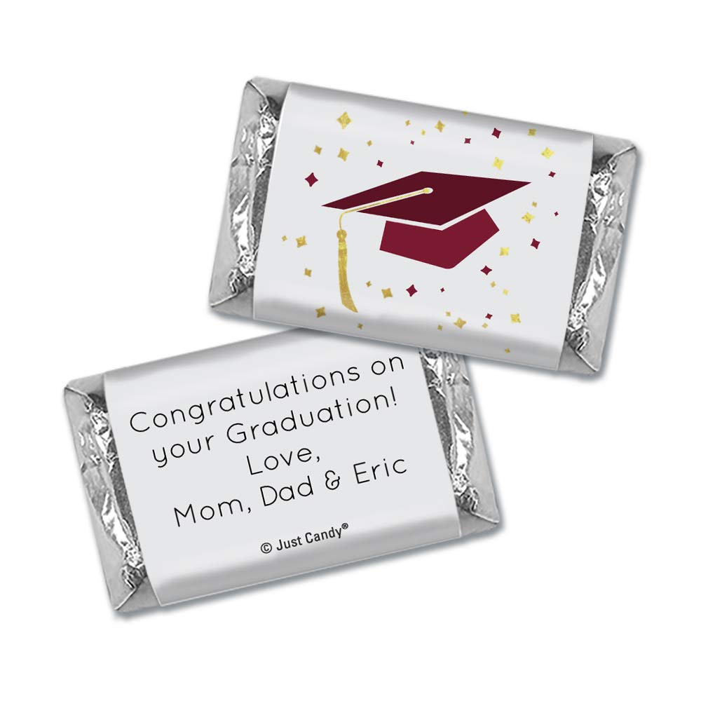 Personalized Graduation Mini Chocolate Candy Bars with Cap & Confetti (75 Count) - Maroon - Perfect for Graduation Party Favors, School Celebrations & Gift Bags