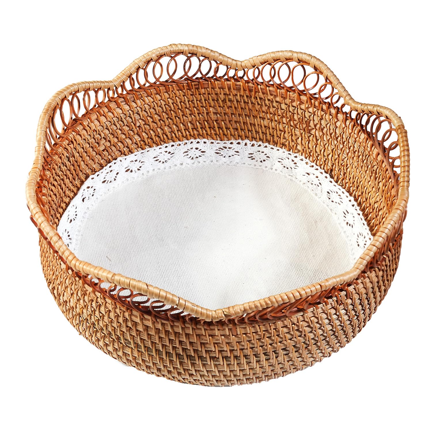 Round Rattan Wicker Bread Basket with Removable White Liner - 11