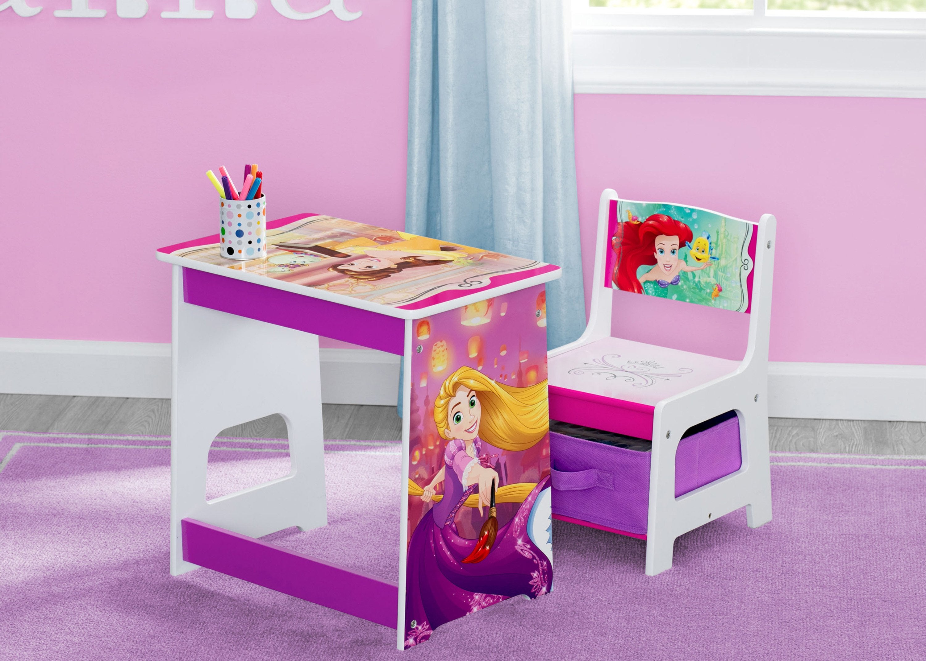 Princess Kids Wood Desk and Chair Set - Study Table with Storage for Girls - Perfect for Homework, Drawing & Crafting in Bedroom or Playroom