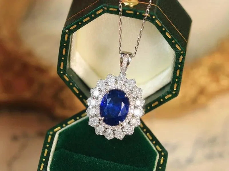 18K White Gold Pendant with Natural Blue Sapphire & Diamond - Luxury Women's Necklace for Wedding, Party & Special Occasions | Elegant Jewelry Gift for Her