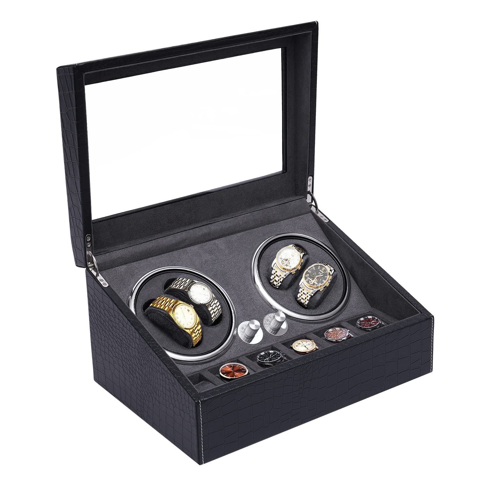Premium SHZICMY 4-Watch Winder with 6 Storage Slots | Silent Mabuchi Motor | 4 Rotation Modes | Blue LED Interior & Crocodile Pattern Design | Luxury Watch Storage & Display Case for Automatic Watches - Perfect for Watch Collectors & Home/Office Decor