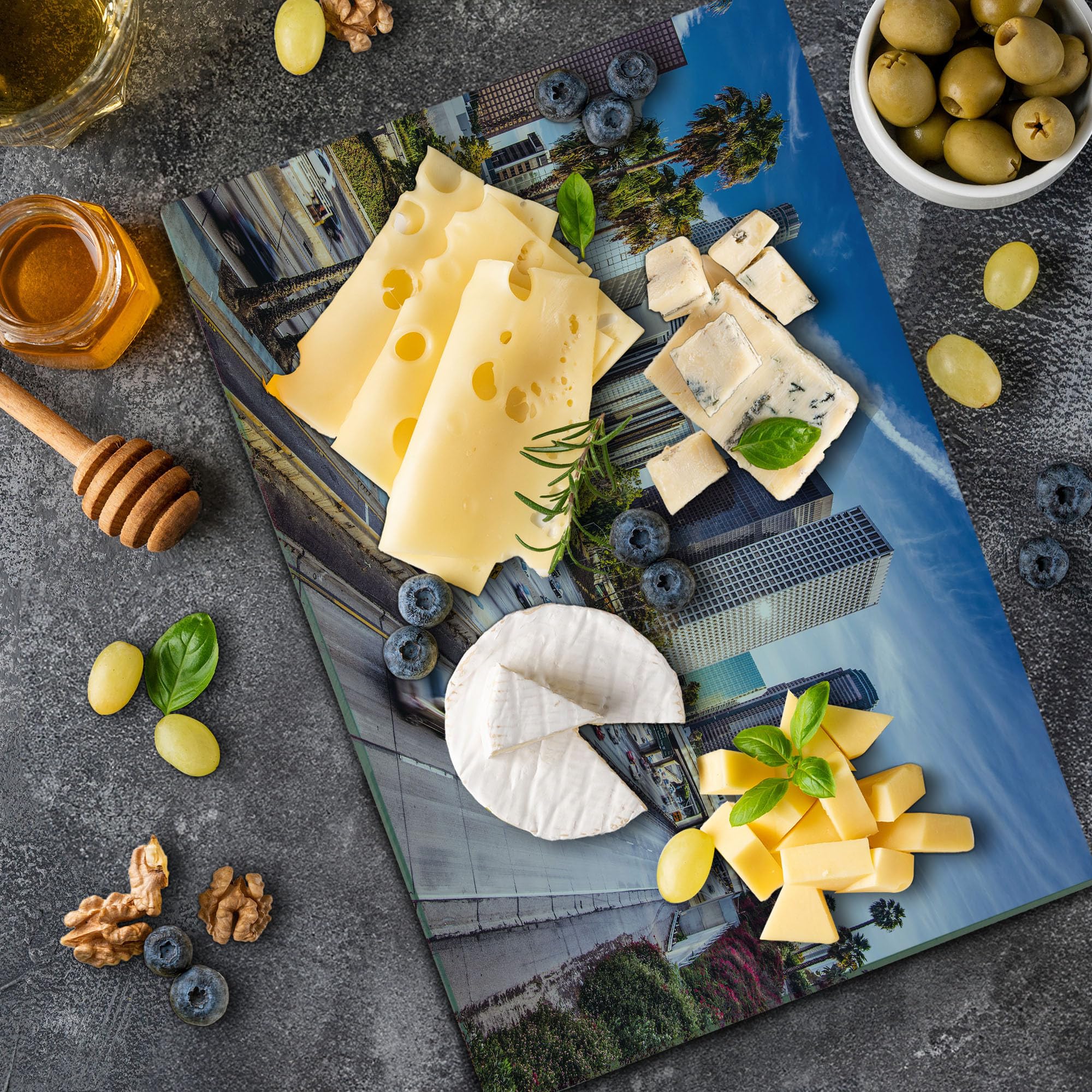 Ambesonne Tempered Glass Cutting Board - Los Angeles Cityscape Print, Large Decorative Serving Board for Kitchen & Dining, Blue Grey Green Design - Perfect for Entertaining, Gifts & Home Decor