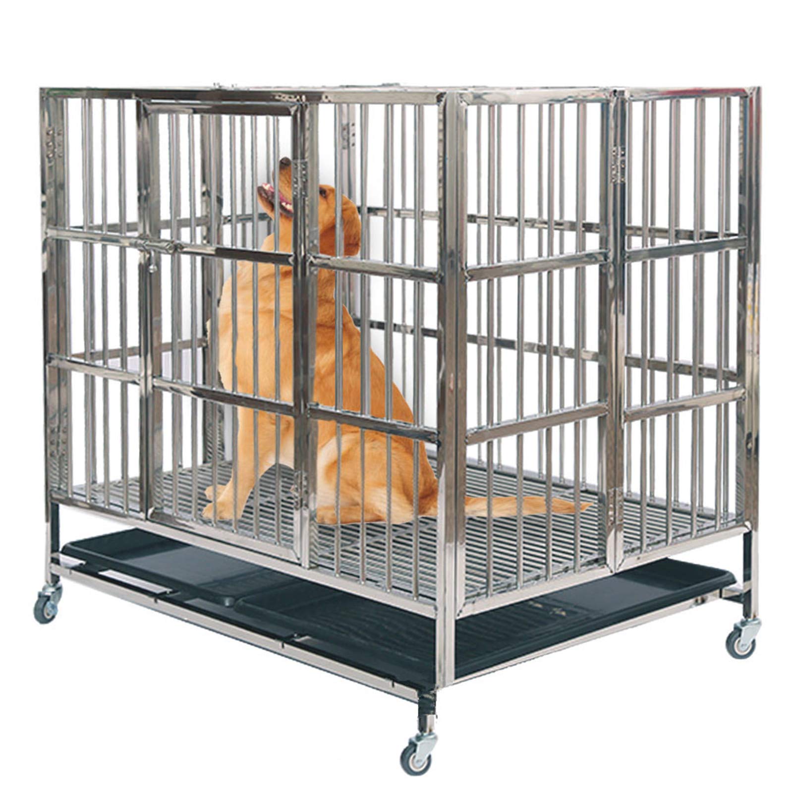 UNHG Heavy Duty Stainless Steel Dog Cage Kennel - Large Metal Dog Crate with Lockable Wheels & Removable Tray for Indoor/Outdoor Use - Secure Pet Playpen for Training, Travel & Home Protection