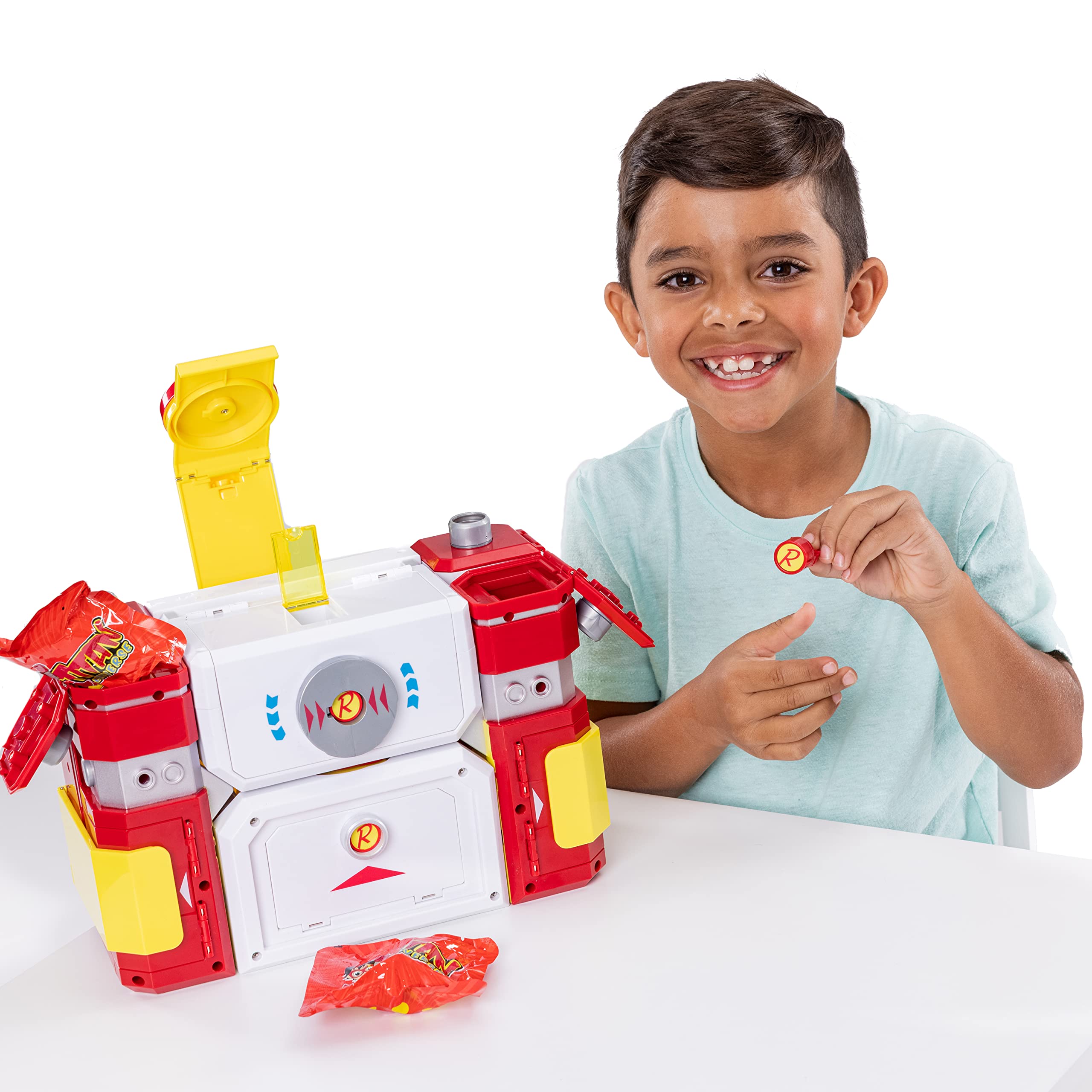 Ryan's World Mega Mecha Titan Robot - Transforming Chest to Red Titan Robot | 5 Micro Figures, Spinner, Wearable Eye Mask & Cape, Stickers Included | Perfect for Kids' Playtime, Birthday Gifts & Action Figure Collectors