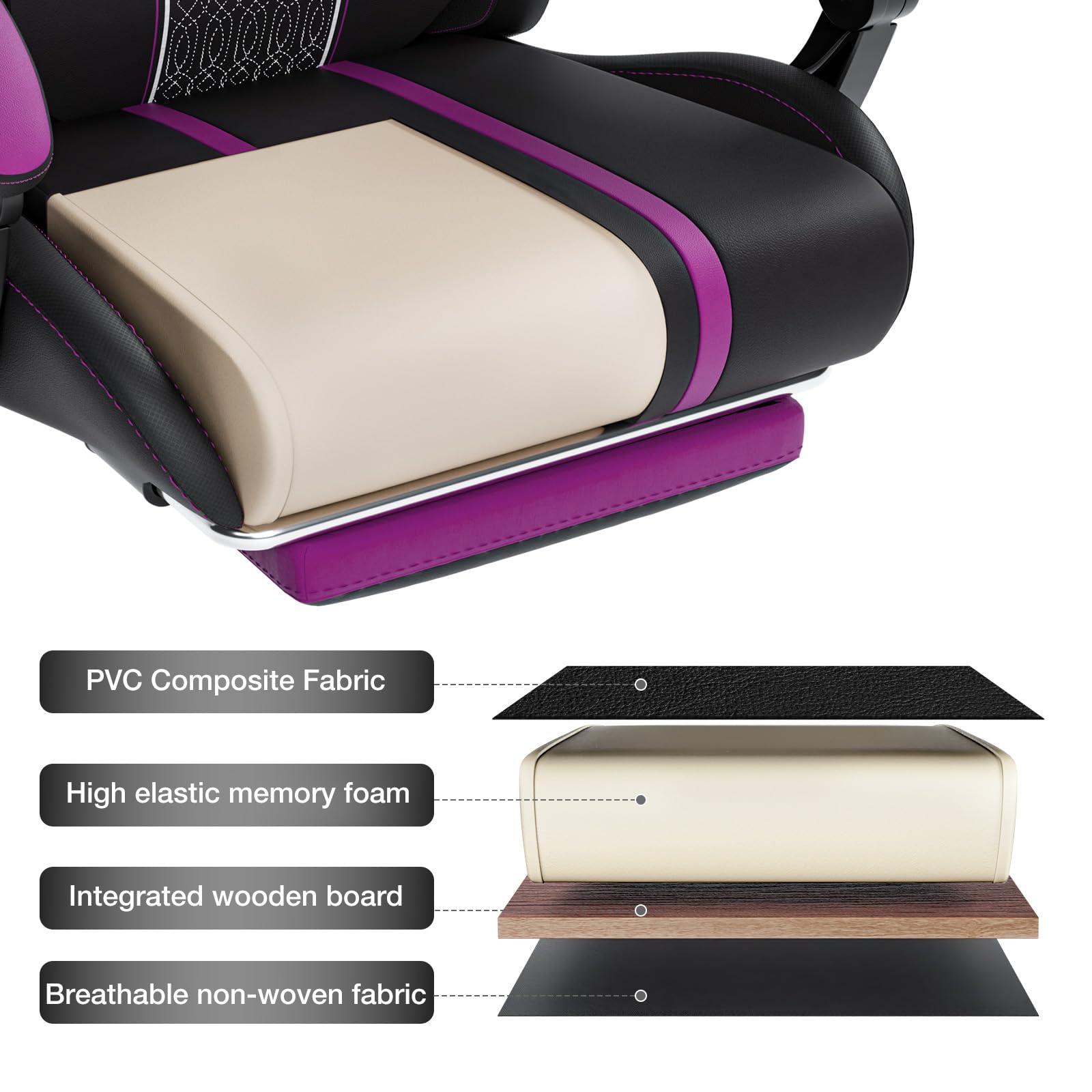 HOFFREE LED Gaming Chair with Massage & Speakers - Big and Tall Ergonomic Video Game Chair for Adults, 400lbs Capacity, Reclining High Back Office Computer Desk Chair with Footrest - Purple & Black - Perfect for Gaming, Streaming, and Home Office Workspace