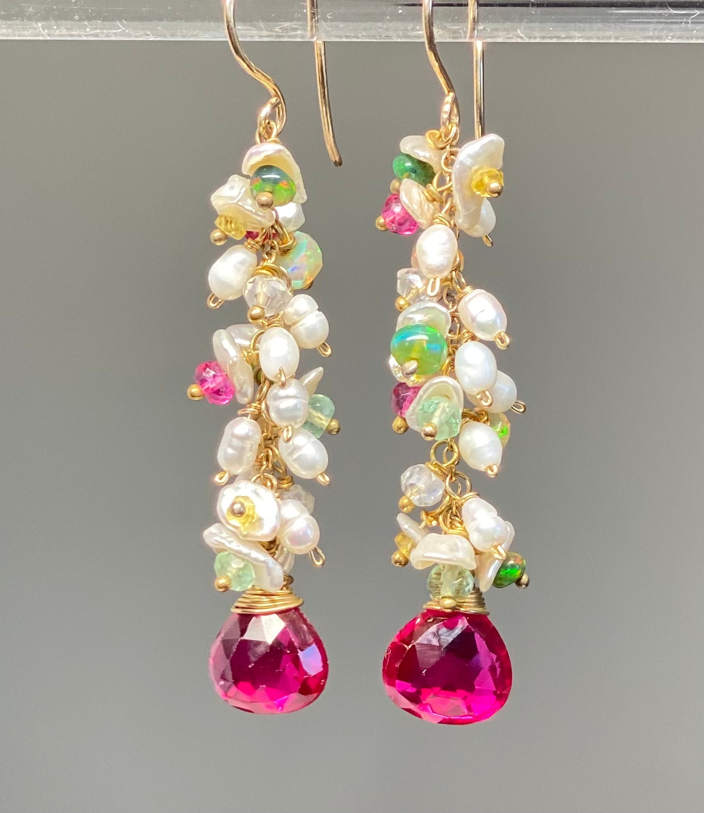 Pink, Red & Pearl Multicolor Opal Long Dangle Earrings for Women | Elegant Bohemian Statement Jewelry for Parties, Weddings & Special Occasions