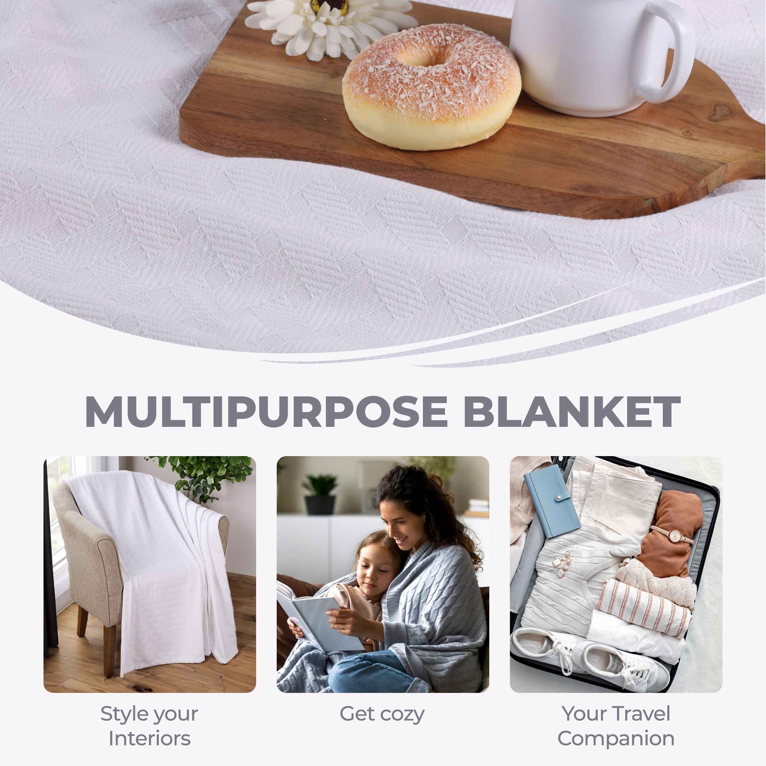 Soft Basketweave All-Season Cotton Bed Blanket & Sofa Throw - Lightweight Breathable Blanket for Bedroom, Living Room, Travel and Outdoor Use