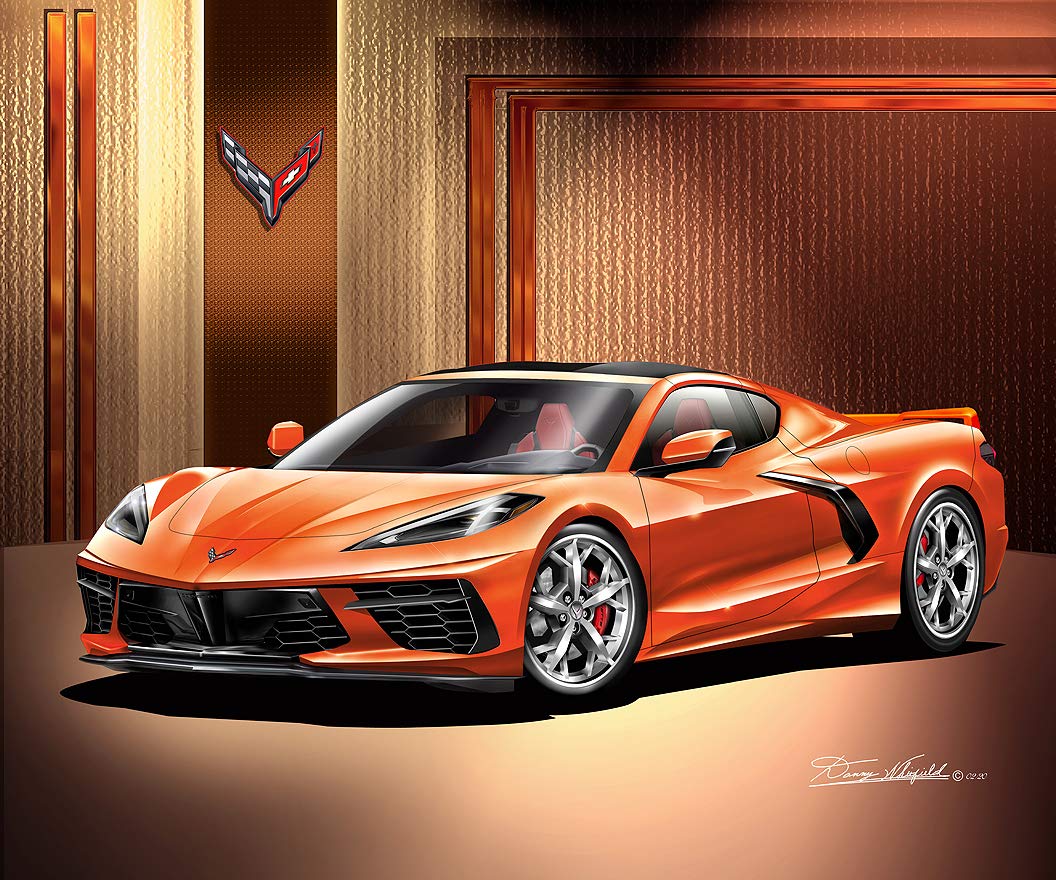 Danny Whitfield 2020 C8 Corvette Stingray Sebring Orange Fine Art Print with Silver Trident Wheels - 20x24 Inch Wall Decor for Car Enthusiasts & Man Cave