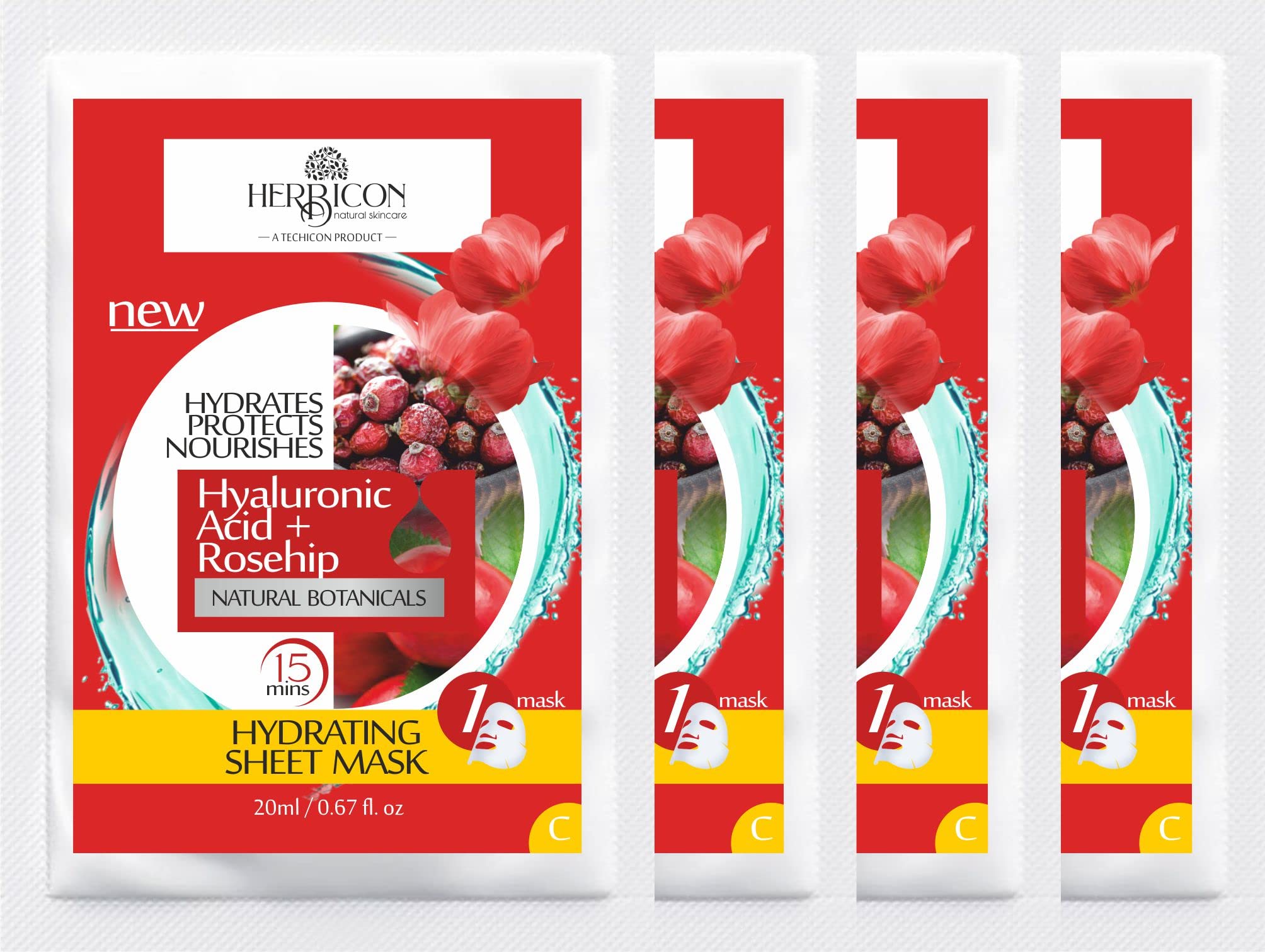 Hydrating Hyaluronic Acid Face Mask with Rosehip Oil - Deep Moisture for Soft, Plump Skin - 20g (Pack of 4) - Perfect for Dry Skin Care & Spa Night Routine
