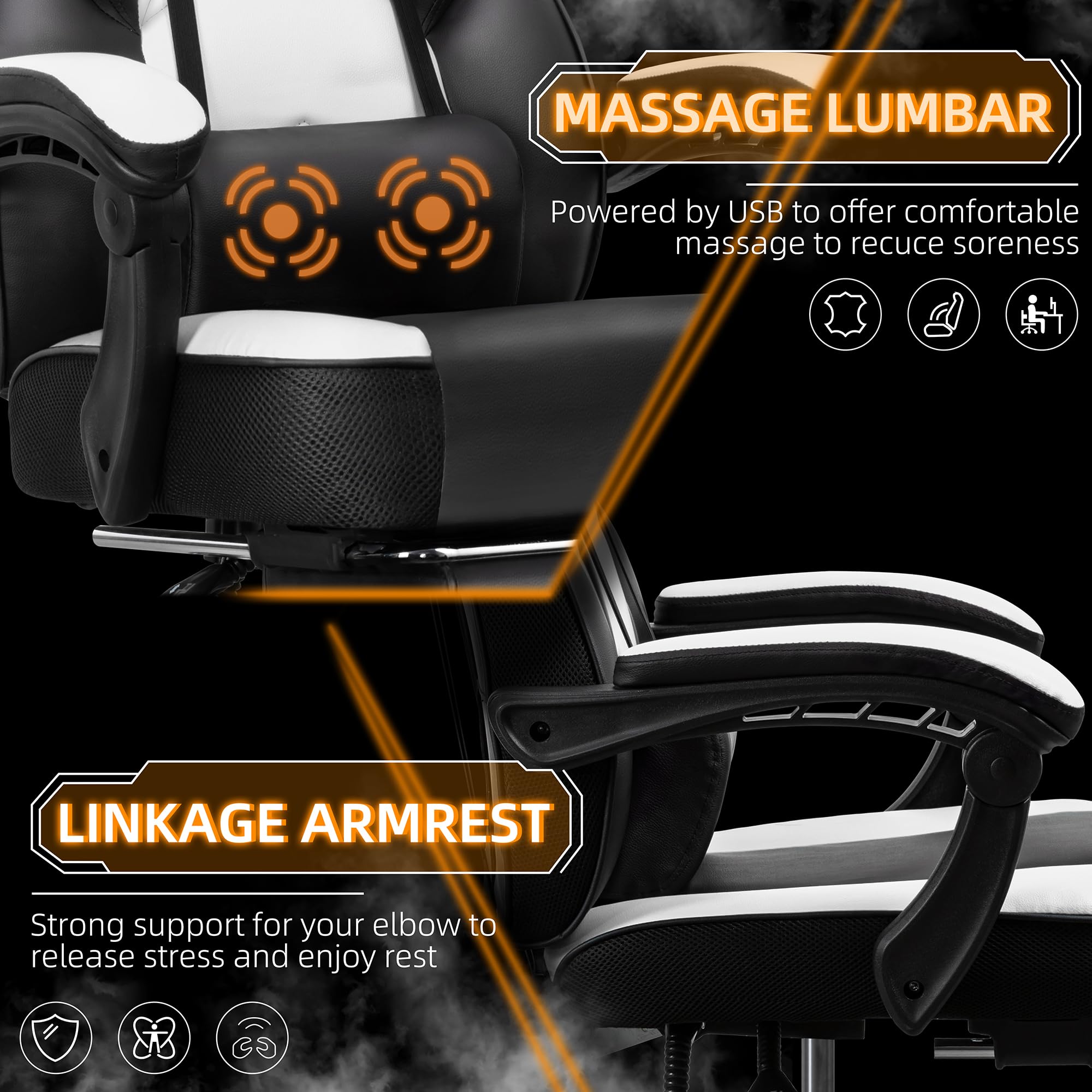 Shintenchi Ergonomic Gaming Chair with Footrest & Lumbar Massage - 360° Swivel Adjustable Height Computer Chair with Headrest for Office, Home & Esports (White) - Perfect for PC Gaming, Work from Home & Streaming Setup
