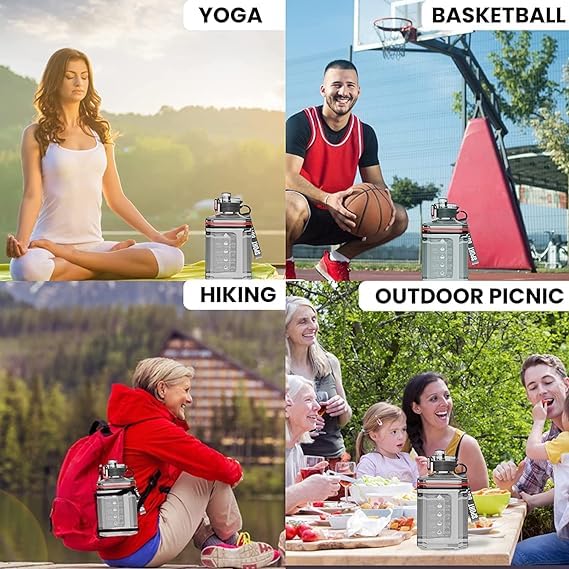 AWOKZA 2.2L/64oz Large Water Bottle with Time Marker - BPA Free, Leakproof Reusable Gallon Jug with Handle, Strap & Chug Lid - Perfect for Gym, Sports, Hiking, Travel and Outdoor Activities (Black)