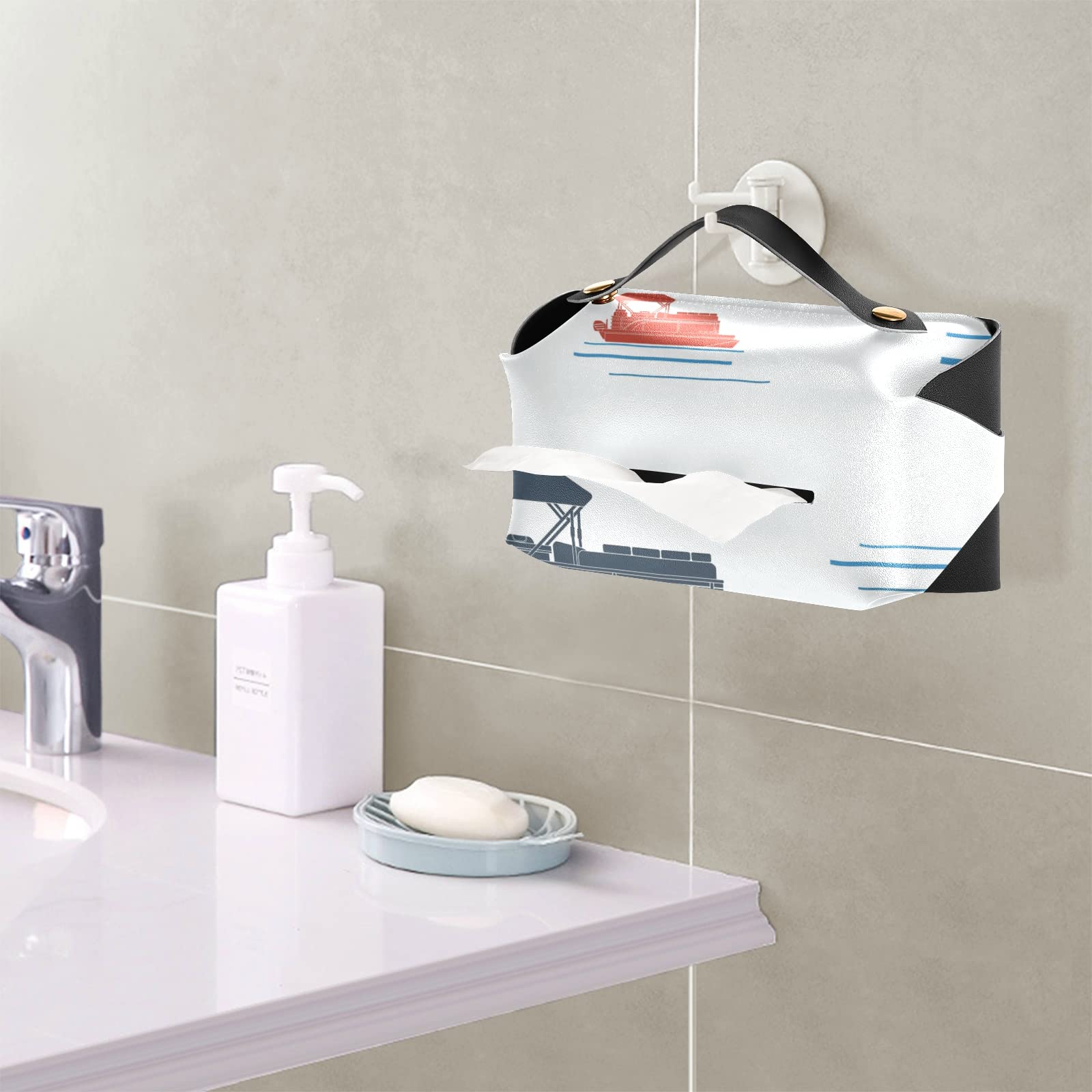 Editable Side View Flat Style Pontoon Boat Leather Tissue Box Cover - 5.7x5.7x5.7 Inch White Rectangle with Handle for Bathroom, Home, Nightstand, Vanity, Office Desk & Car - Perfect for Coastal Decor, Nautical Themed Rooms & Marine Enthusiasts