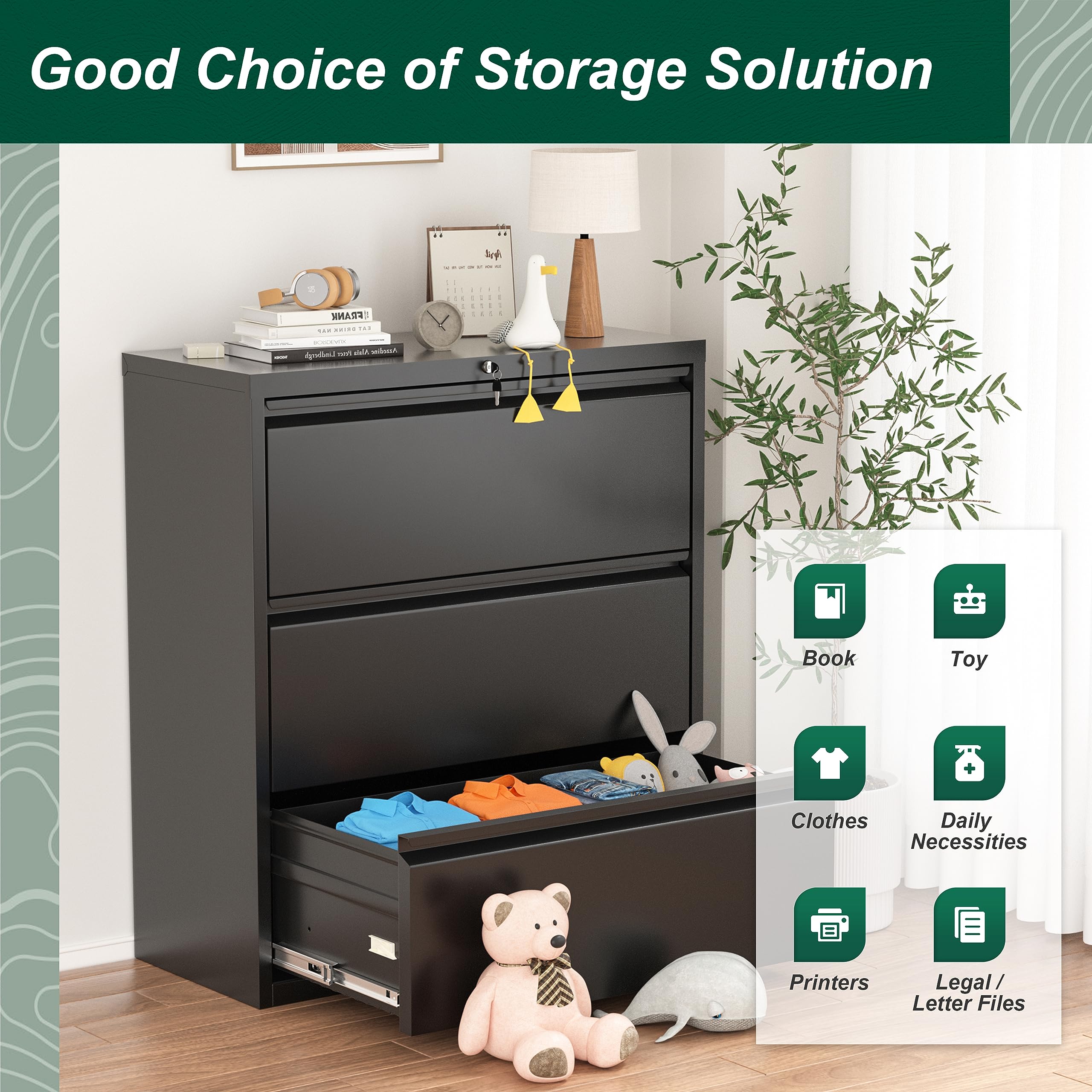 Superday 3-Drawer Lateral File Cabinet - Black Metal Office Filing Cabinet with Locking Drawers for Home & Office - Organize Legal, Letter, A4, F4 Documents