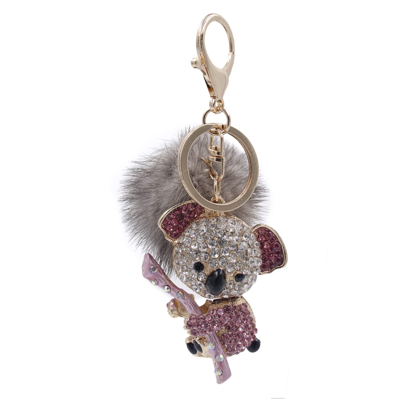 Surell Koala Bear Keychain with Real Mink Fur Pom - Soft Pompom Keyring - Luxury Purse Charm - Perfect for Keys, Backpacks, Handbags & Gift Giving - Cute Animal Accessory for Women & Girls