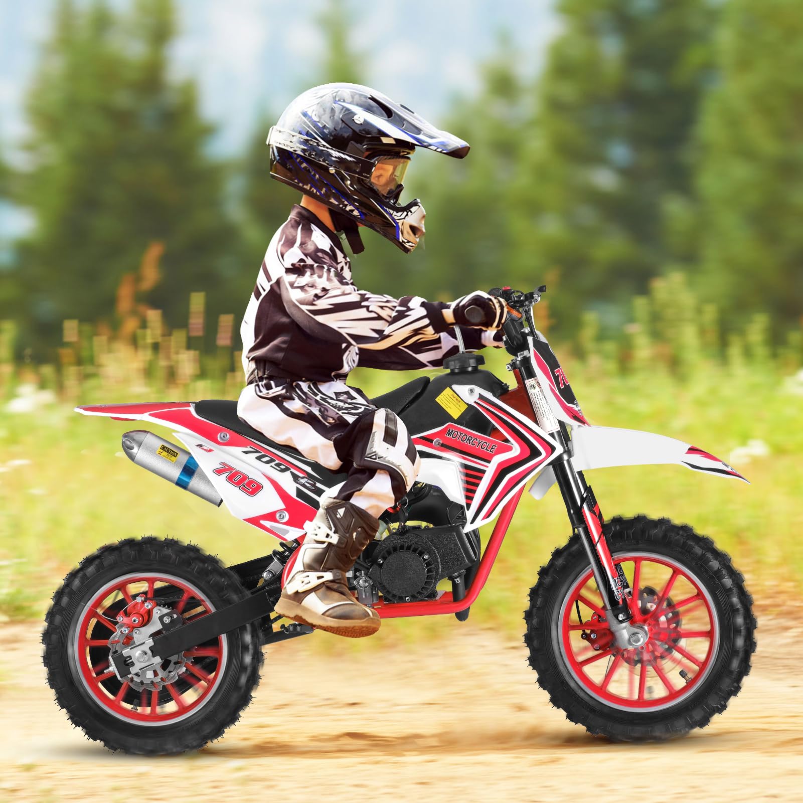 49cc Kids Dirt Bike - 2-Stroke Gas Powered Off-Road Mini Motorcycle for Boys & Girls with Front/Rear Disc Brakes, Max Speed 40KM/H - Perfect for Backyard Racing, Trail Riding & Off-Road Adventures (Red)