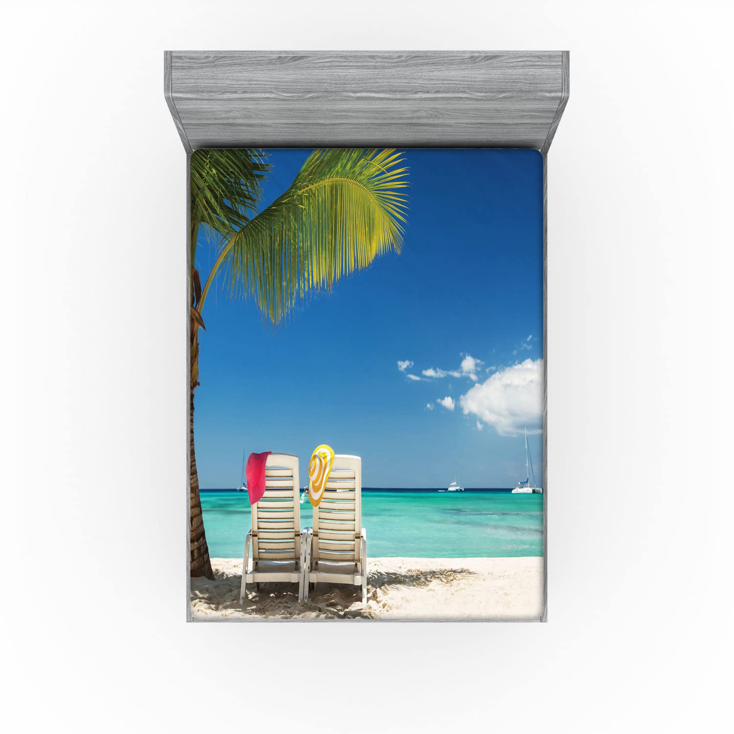 Ambesonne Seaside Fitted Sheet - Queen Size Green Blue Beach Palm Tree Design with Deep Pocket Elastic, Soft Bed Cover for Vacation Style Bedroom Decor | Perfect for Coastal Themed Rooms, Guest Bedrooms & Beach House Retreats