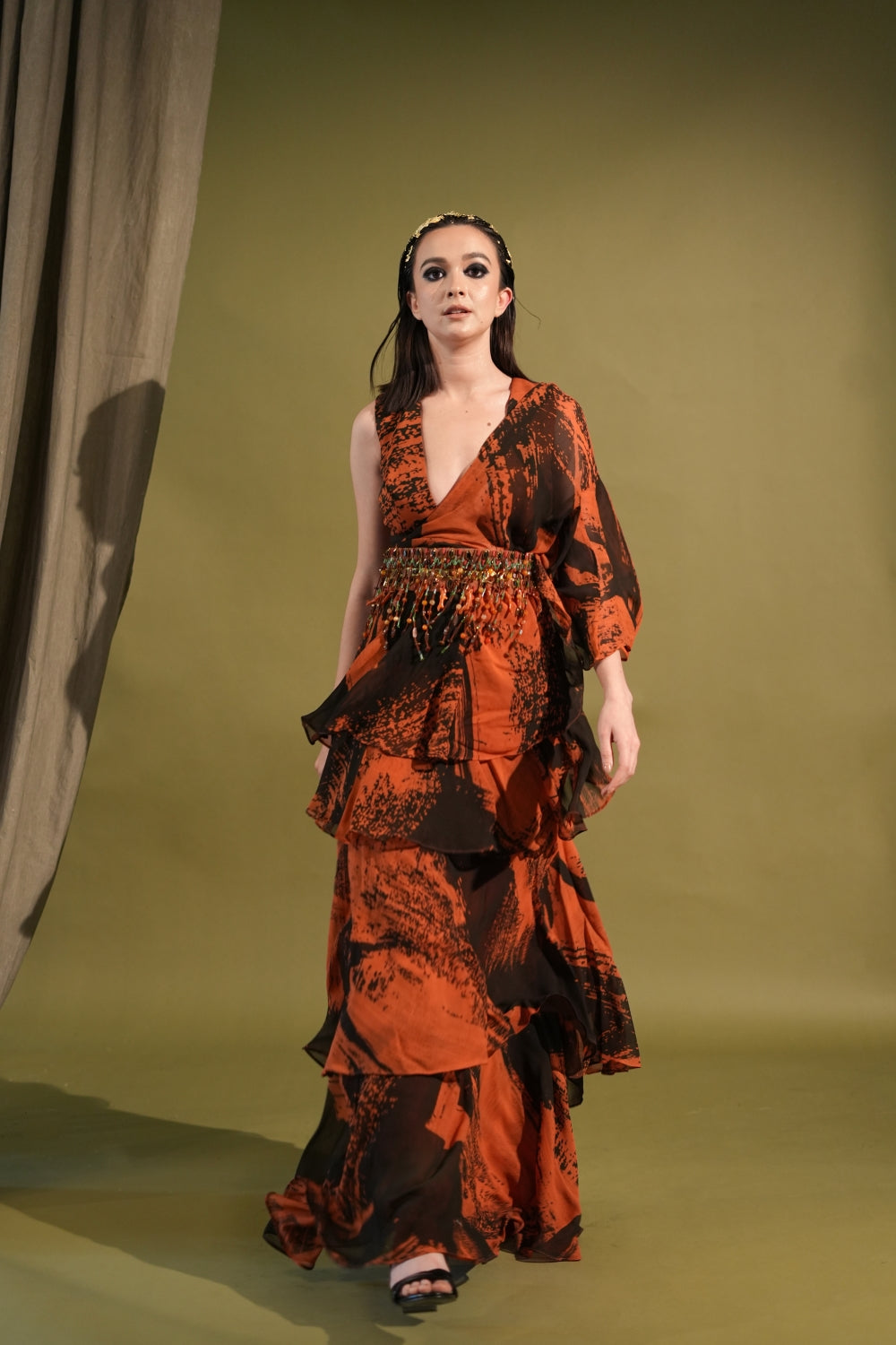 Orange & Black Printed Saree Blouse with Belt Set - Elegant Indian Ethnic Wear for Weddings & Festivals
