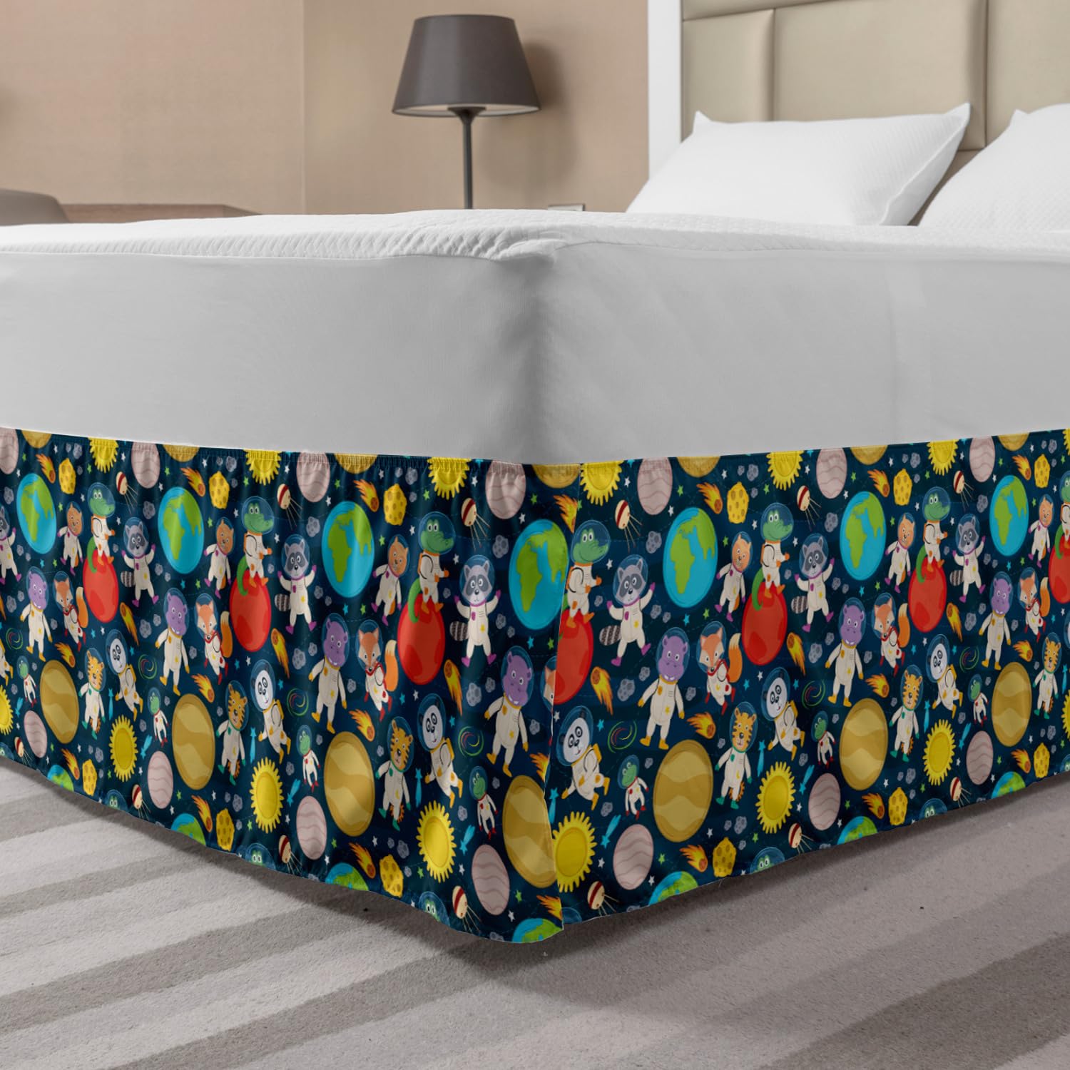 Ambesonne Space Themed Elastic Bed Skirt - Funny Astronauts & Planets Design, Wrap Around Dust Ruffle for King Size Beds, Multicolor | Perfect for Kids' Room, Space Enthusiasts & Themed Bedroom Decor