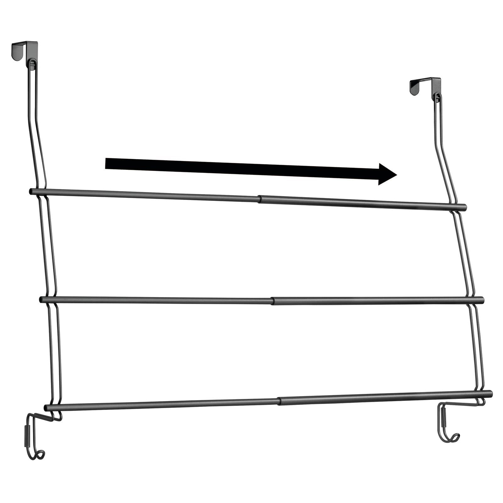 mDesign Expandable 3-Tier Metal Shower Door Towel Rack with 2 Large Hooks - Bathroom Organizer for Hand Towels, Bath Towels, Washcloths, Loofahs & Sponges - Trinity Collection in Matte Black - Perfect for Small Bathrooms, Showers & Space-Saving Storage