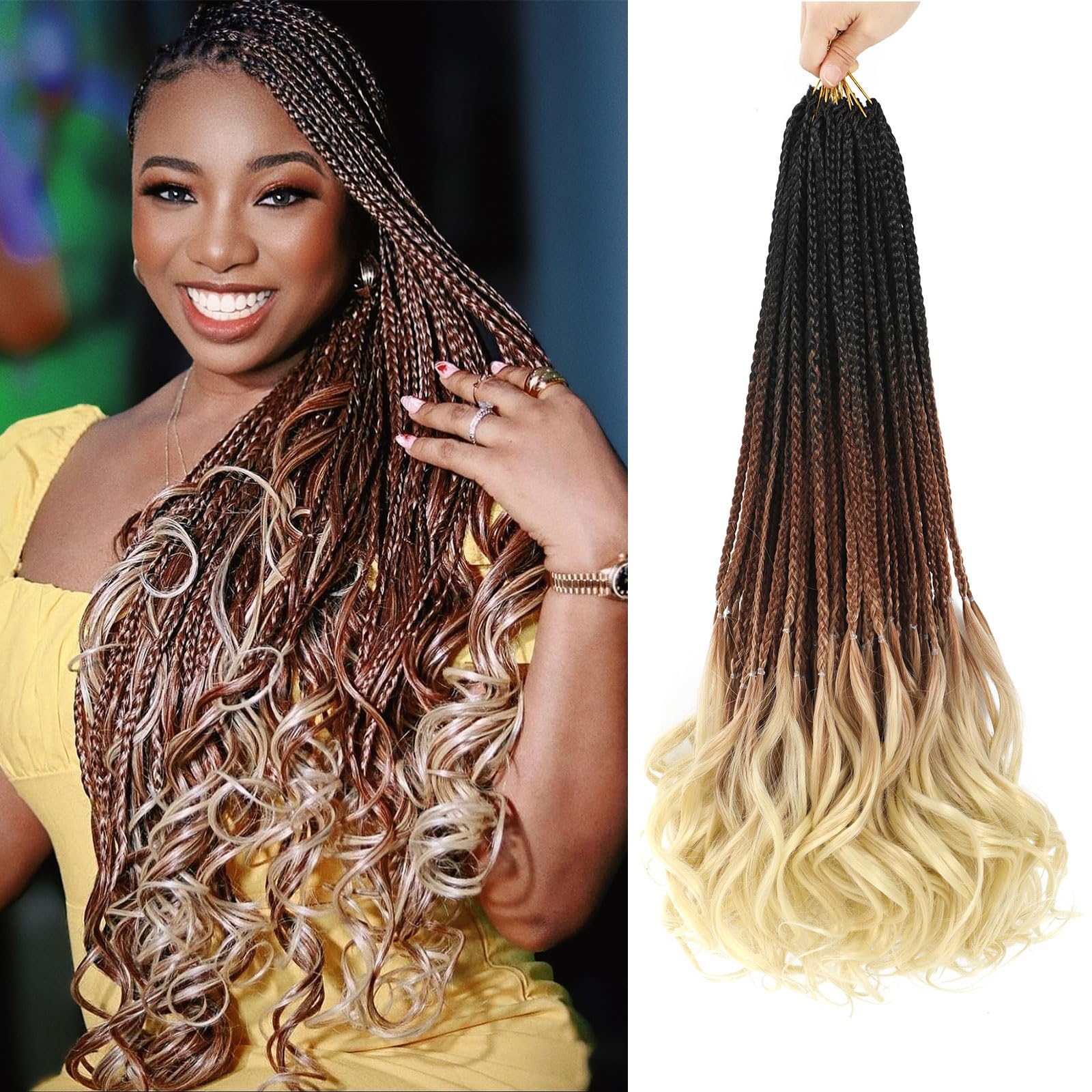 7 Packs 22 Inch French Curl Crochet Braids - Goddess Box Braids with Curly Ends (1B/27/613) | Perfect for Protective Styles, Natural Hair Extensions & Boho Chic Looks