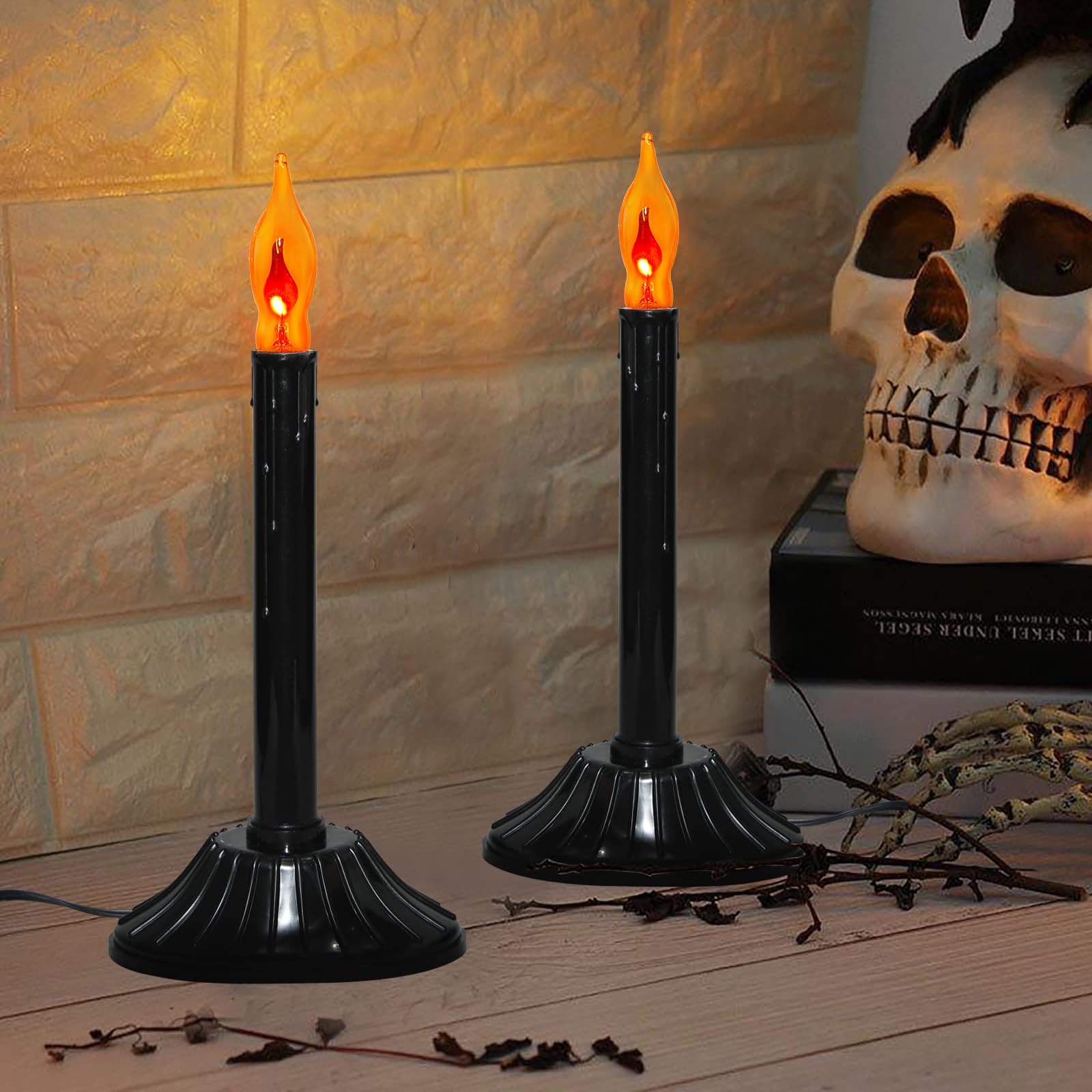 2 Pack Halloween Electric Candle Lamps - Black Window Candle Lights with C18 Orange Flickering Flame Bulbs (Includes 2 Spare Bulbs), Plug-in Flameless Candles for Halloween Decorations, Home, Table, Bar, Party & Holiday Ambiance - Perfect for Spooky Window Displays, Dinner Parties & Seasonal Festivities