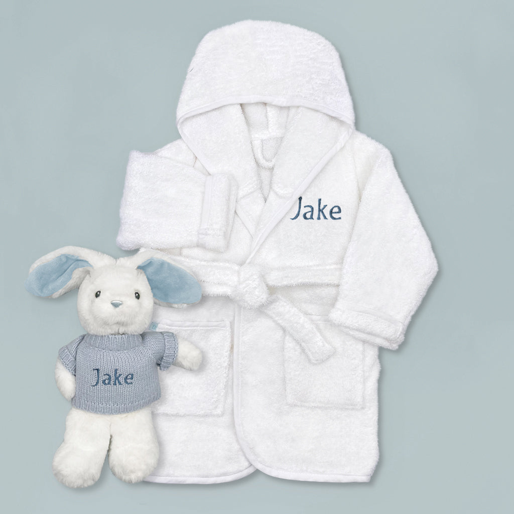 Personalized Baby Bunny Bathrobe Set with Hamper - Blue & White for Newborn to 12 Months | Perfect for Baby Showers, Christenings & First Birthday Gifts