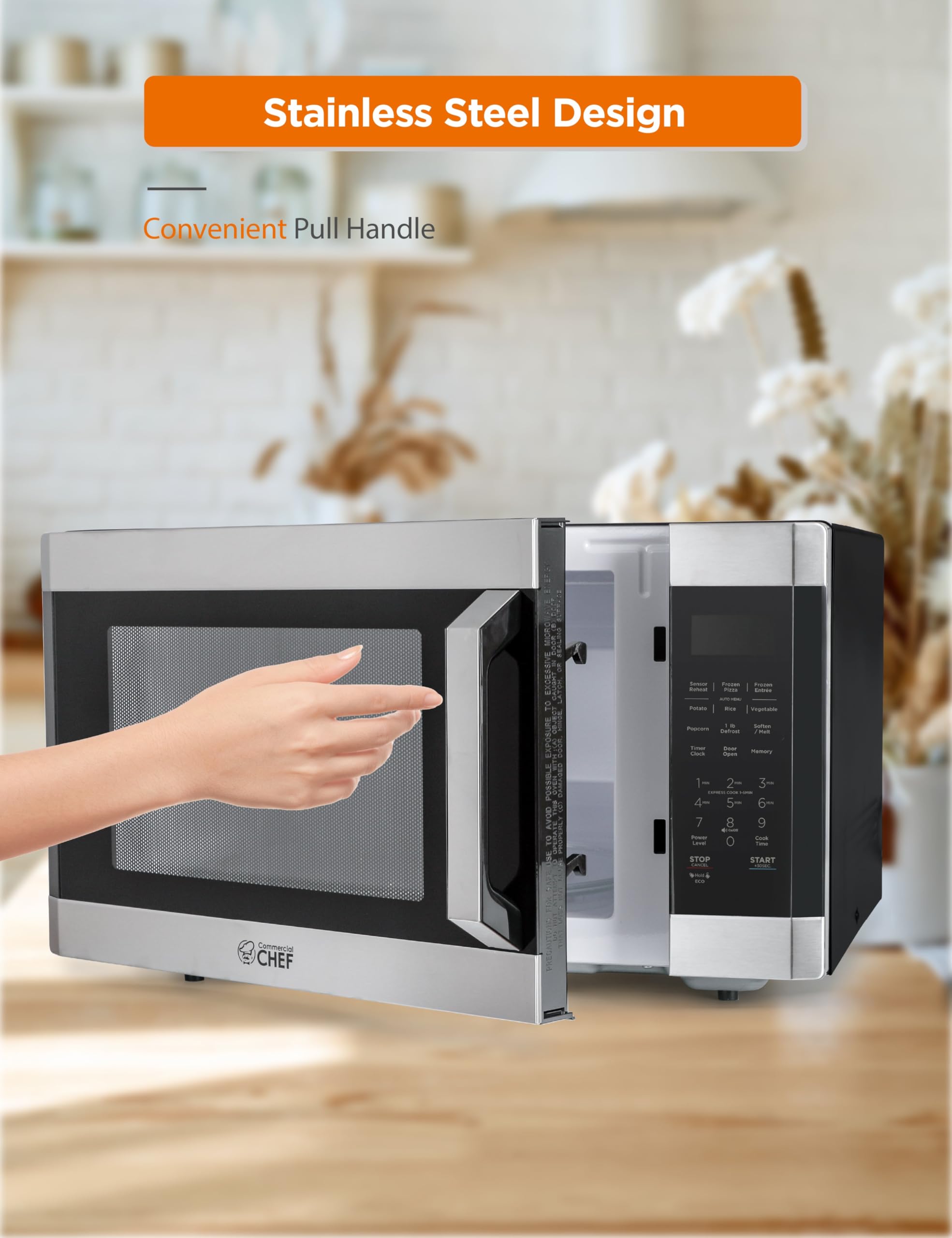 1.6 Cu Ft Commercial Chef Microwave Oven - 1100W, 10 Power Levels, Child Safety Lock, Digital Control Panel, Stainless Steel - Perfect for Small Kitchens, Dorms, Offices & RVs