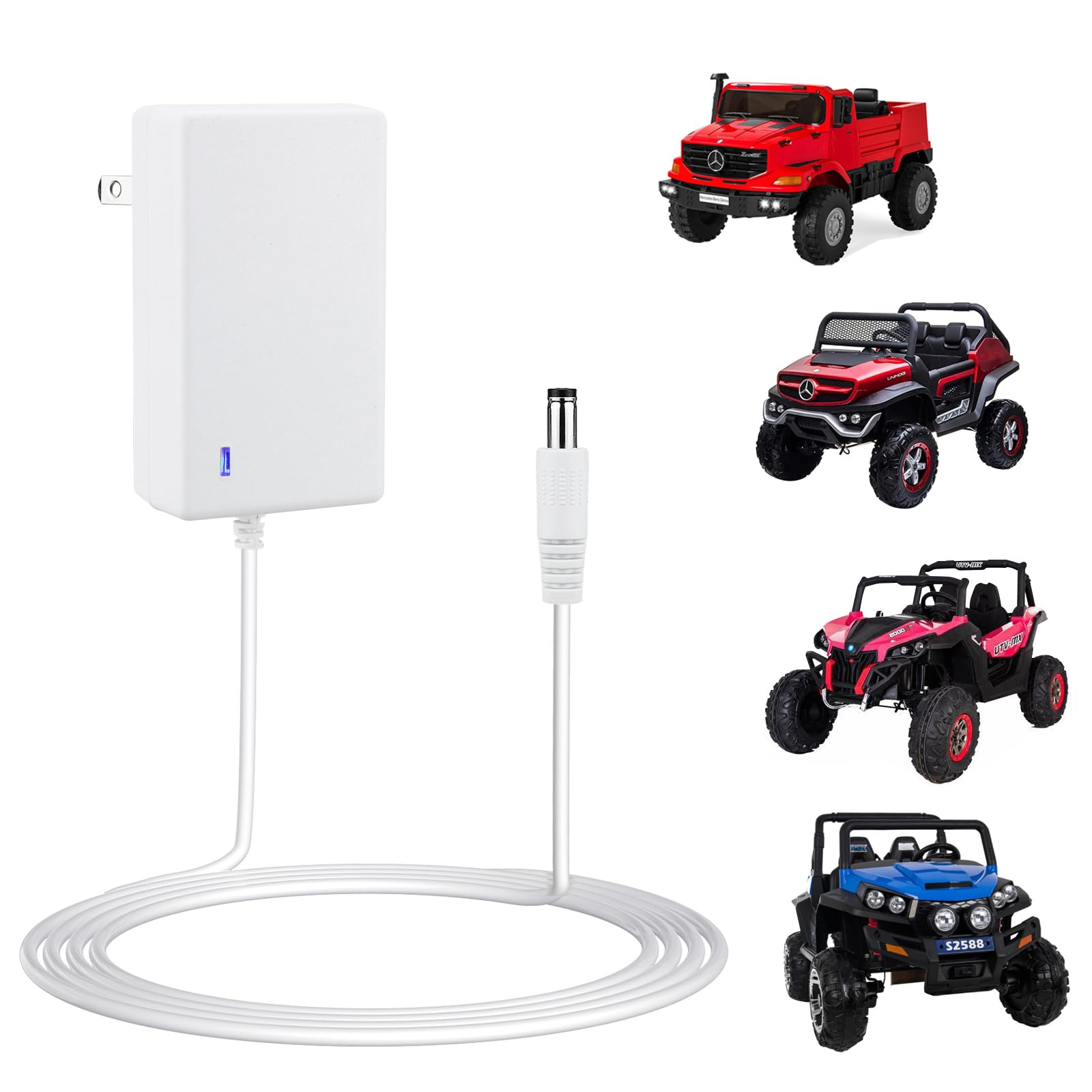 24V Kids Ride On Car Charger with Indicator Light - 6.0 ft White Battery Charging Cable for Electric Ride On Toys - Perfect for Power Wheels, ATVs & Children's Electric Vehicles
