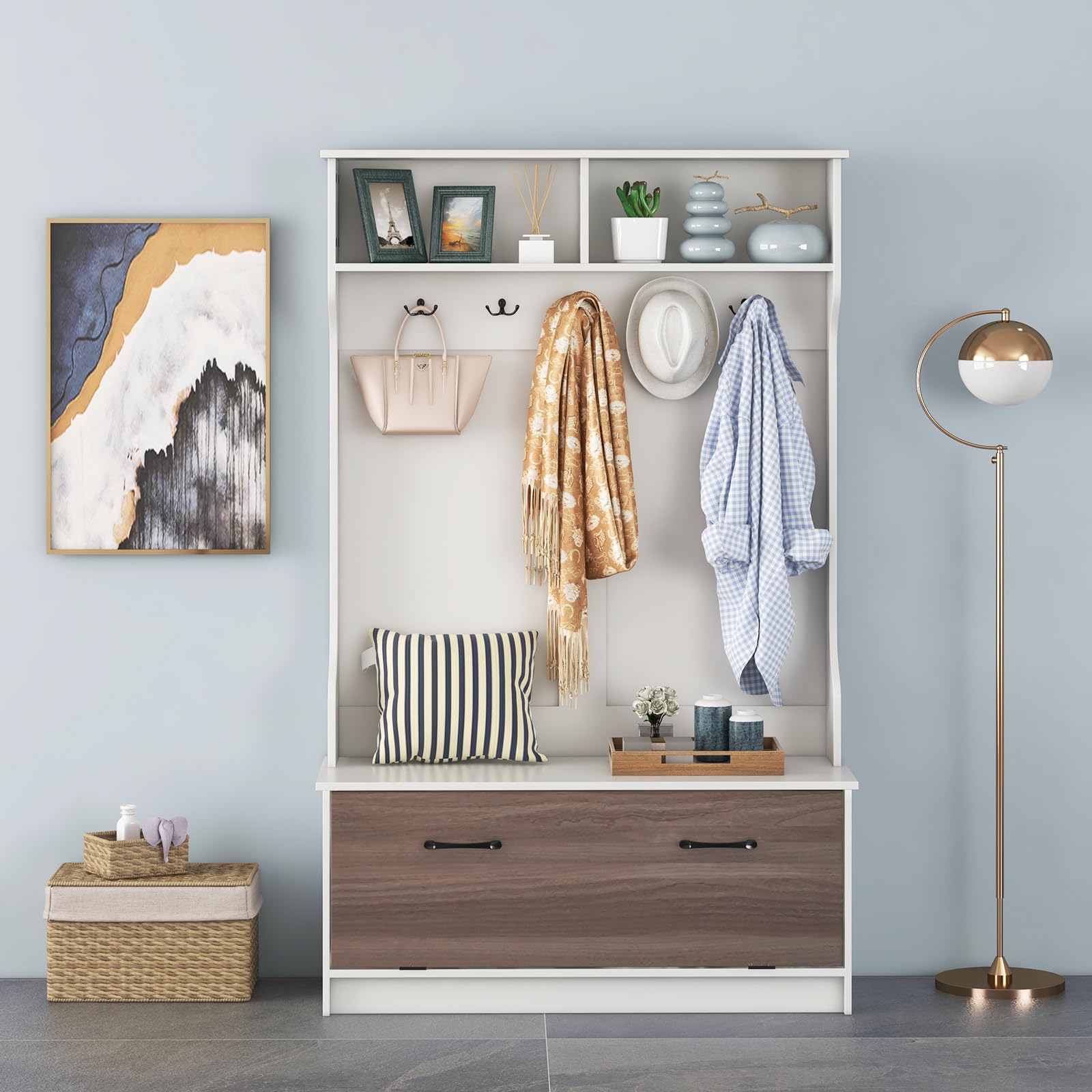 **Tangkula Hall Tree with Coat Rack & Storage Bench - 5 Double Hooks, Freestanding Entryway Organizer for Home, Bedroom, Mudroom - White | Perfect for Small Spaces, Entryway Storage & Shoe Organization**