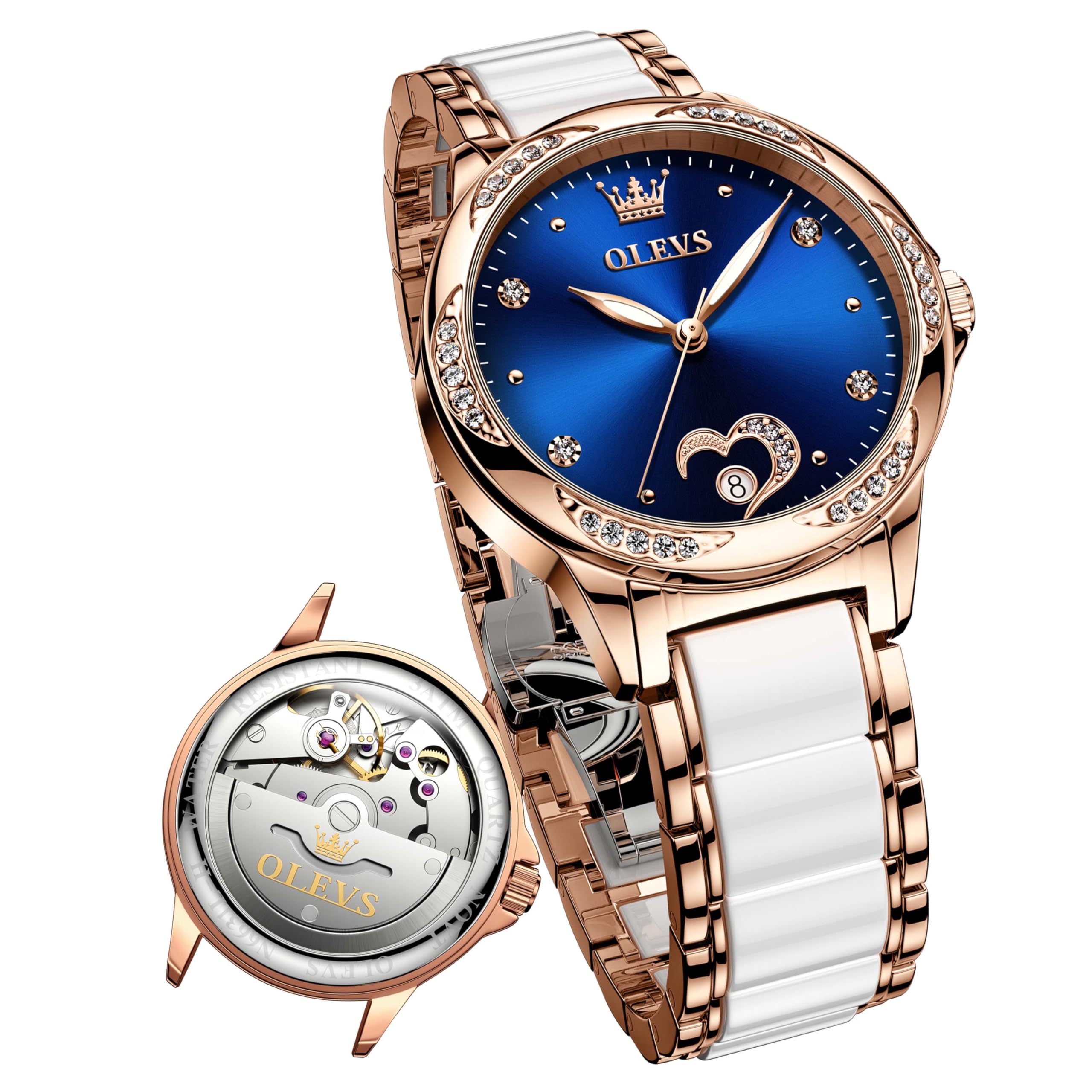 OLEVS Women's Luxury Diamond Automatic Self-Winding Watch - Elegant Stainless Steel & Ceramic Dress Watch with Luminous Hands, Waterproof for Daily Wear - Perfect for Office, Parties & Special Occasions