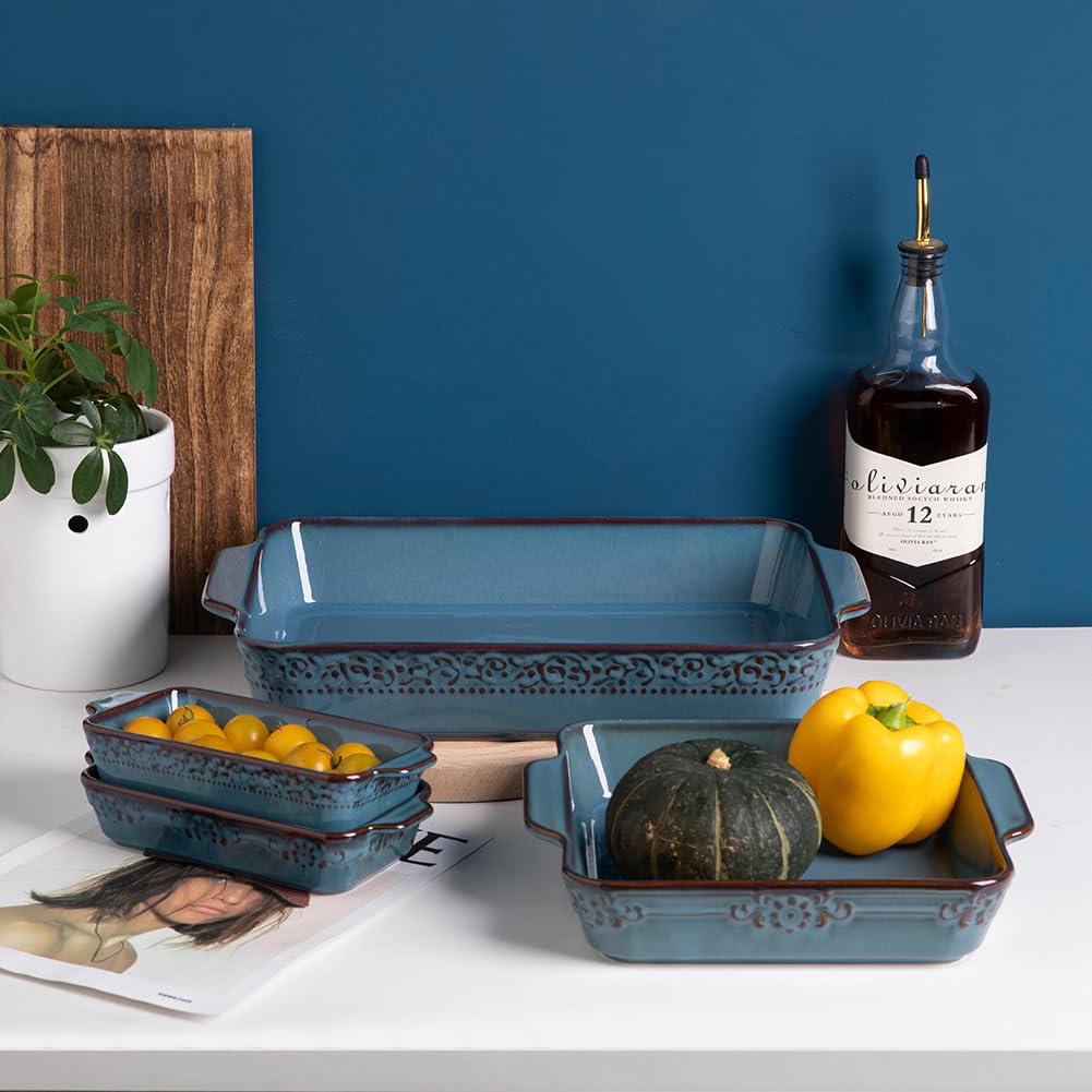 Sweejar 4-Piece Ceramic Casserole Dish Set - Oven Safe Rectangular Baking Pans with Handles for Lasagna, Gratin, Roasting, Baking & Serving - Perfect for Family Dinners, Holiday Meals & Everyday Cooking (Kiln-Change Blue)
