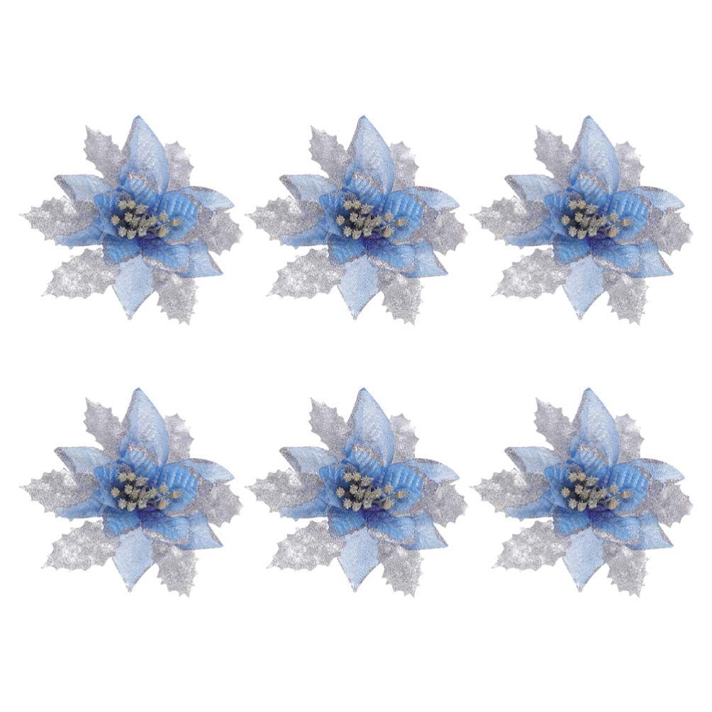 6pcs Blue Poinsettia Artificial Flowers - Christmas Decorative Wreath & Tree Ornaments for Holiday Home Decor, Party, Wedding, and Festive Events