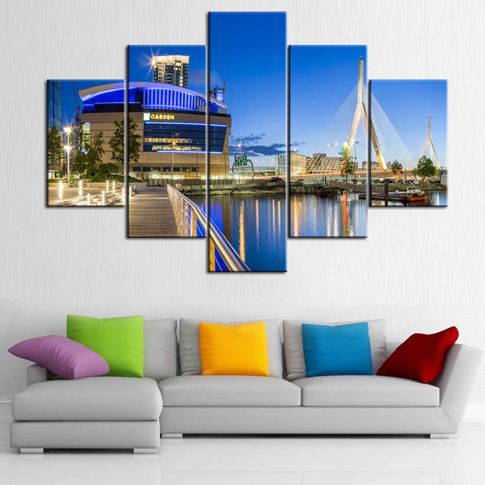 5-Piece Canvas Wall Art Set - Zakim Bridge & TD Garden Stadium Painting, USA Landmark Sunset Landscape, Contemporary Framed Home Decor for Bedroom, Living Room, Office (60x40 Inches, Ready to Hang)