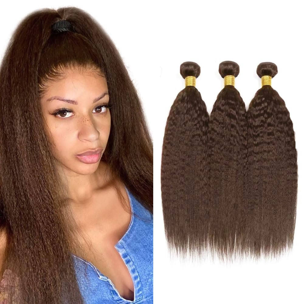 26 28 30 Inch Dark Brown Human Hair Bundles #4 Yaki Straight - Chocolate Brown Mixed Length 3 Bundles - Double Weft Human Hair Weave for Sew-in, Braiding & Natural Hairstyles
