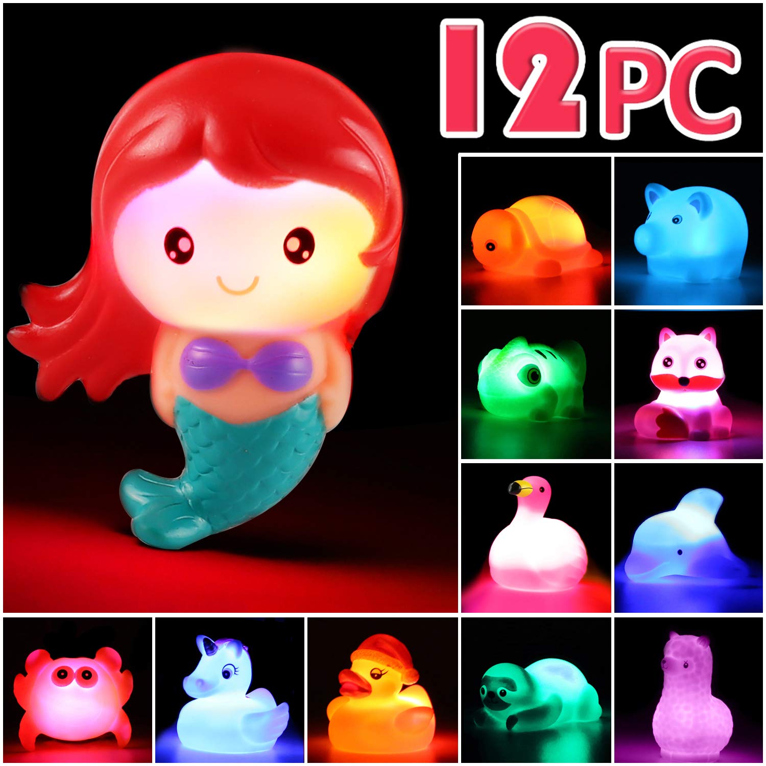 12 Pack Light Up Animal Bath Toys - No Hole Flashing Color Tub Toys for Toddlers, Kids Swimming Pool Party & Bathtub Games - Fun Floating Water Toys for Infants, Boys & Girls - Perfect for Bath Time, Pool Parties & Sensory Play