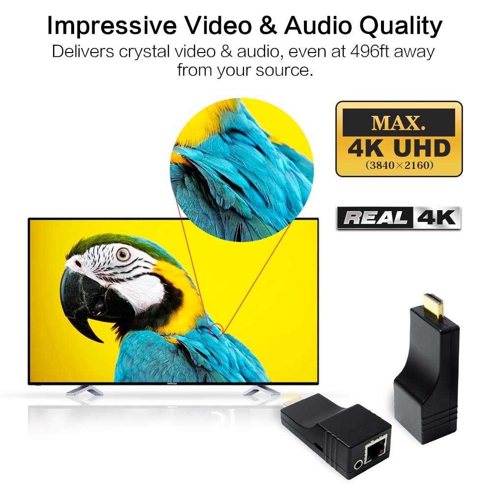 DDMALL 500ft 4K HDMI Extender Over TCP/IP - Real 4K 30Hz, Works with CAT5e/6/7 Cable, 1-to-1 & 1-to-Many via Gigabit Switch, USB Powered HDMI Over Ethernet (HIP20RX) - Perfect for Home Theater, Gaming & Conference Room AV Setup