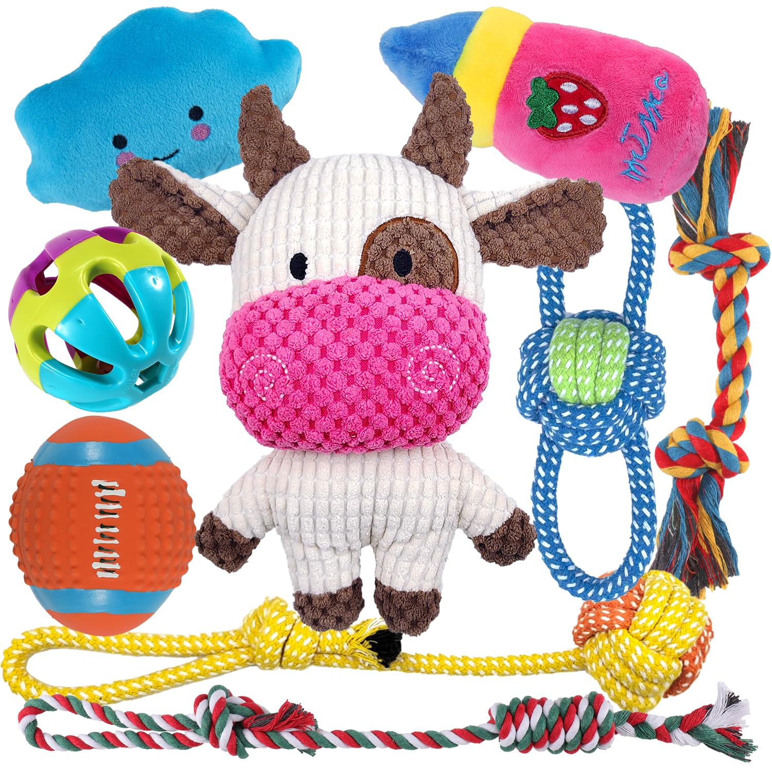9 Pack Squeaky Dog Toys for Puppies & Small Dogs - Durable Teething & Chew Toys with Natural Cotton Rope - Safe Calf-Shaped Puppy Toys for Indoor Play, Training & Dental Care