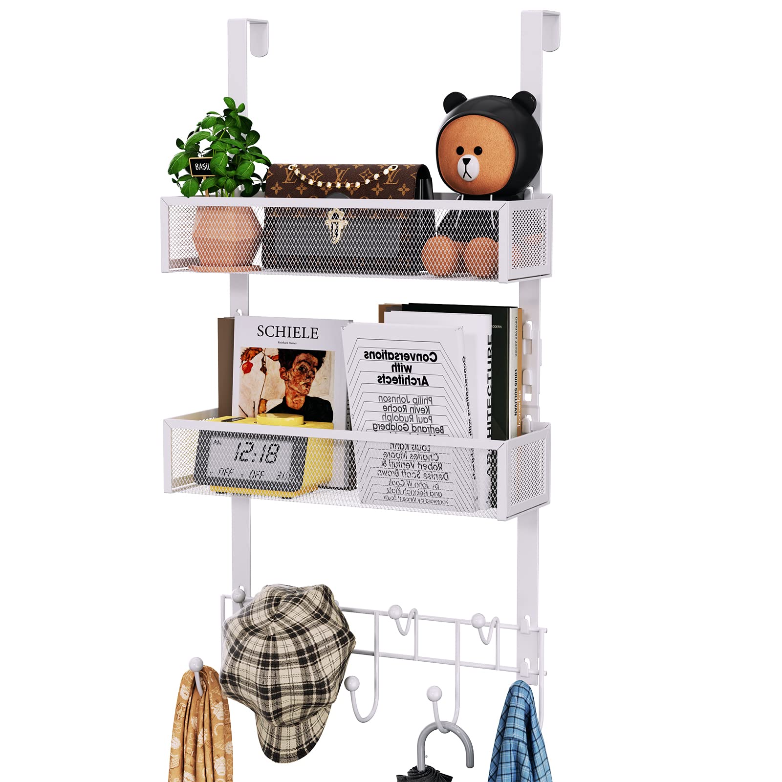 Stainless Steel Over The Door Organizer with Coat Hooks & 2 Baskets - Rustproof Door Hanger for Bathroom, Kitchen, Bedroom - White (Fits 1.76in Doors) | Space Saving Storage Solution for Towels, Utensils & Accessories