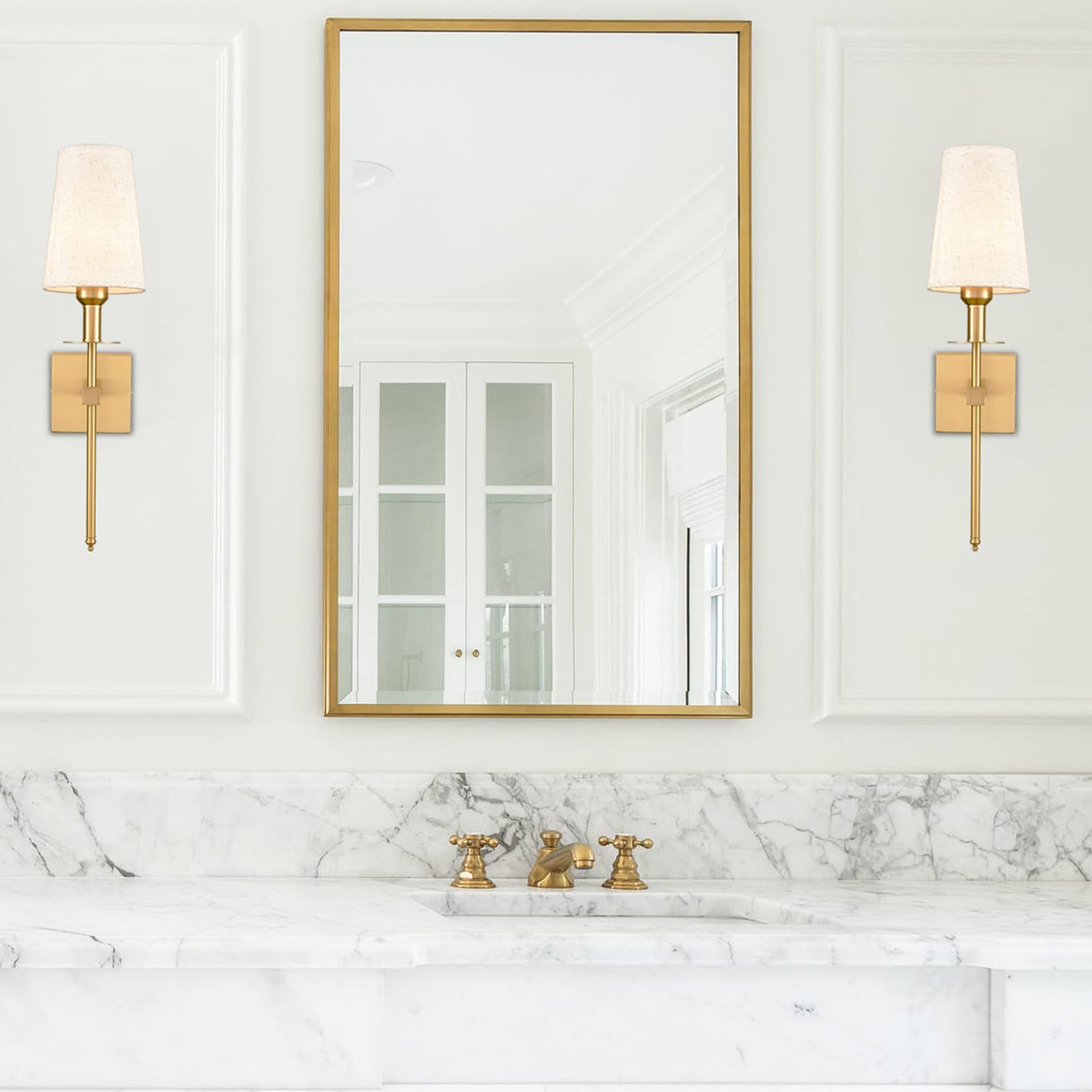 Modern Brass Plug-In Wall Sconces Set of 2 - Gold Wall Lights with Fabric Shade for Bedroom, Hallway, Bathroom & Living Room - Elegant Lighting for Home Decor and Ambient Illumination