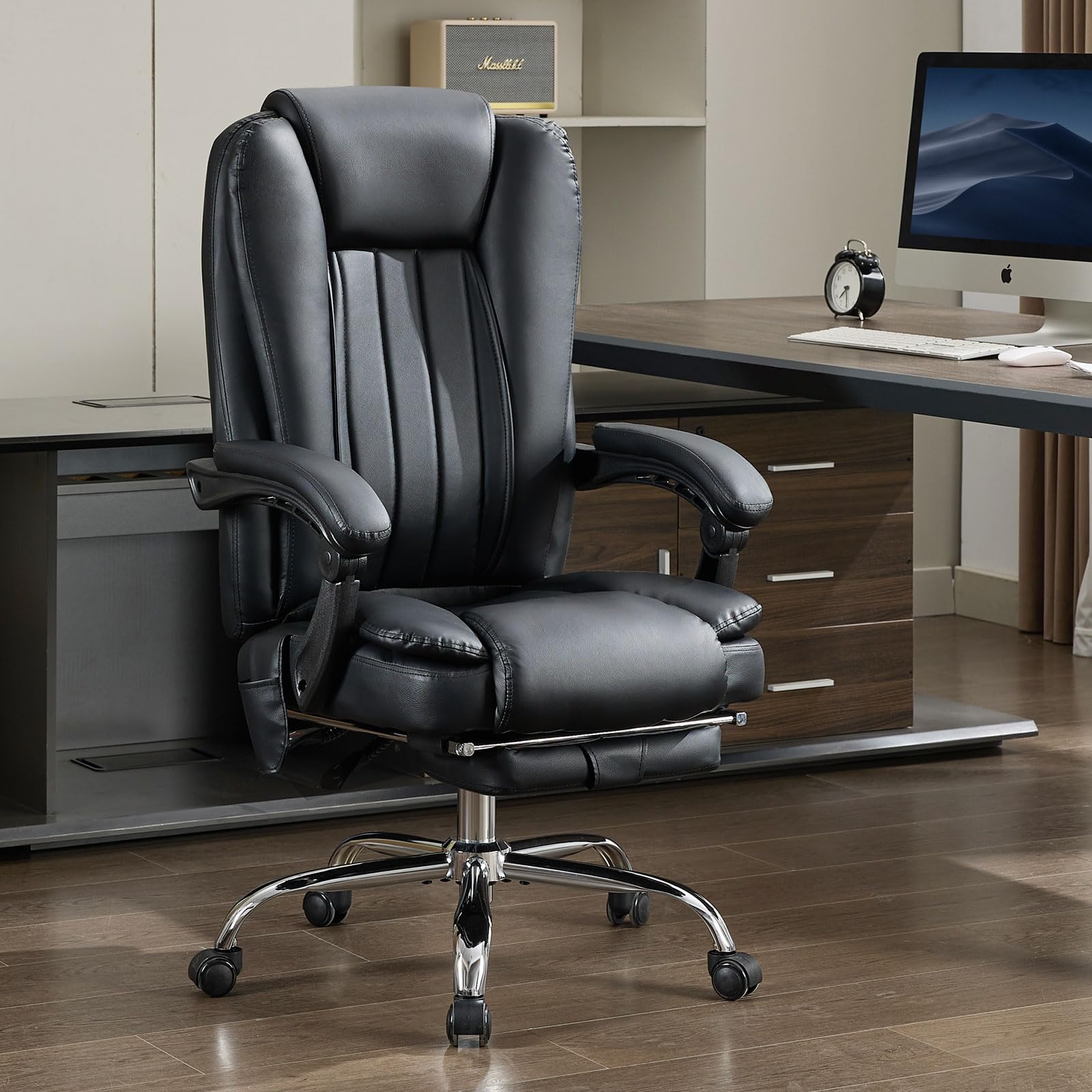 Premium Massage Office Chair with Heat & 6 Vibration Points - Ergonomic Executive Chair with Footrest, Padded Armrests, Reclining Backrest & Smooth-Rolling Wheels - Perfect for Home Office, Gaming & Relaxation