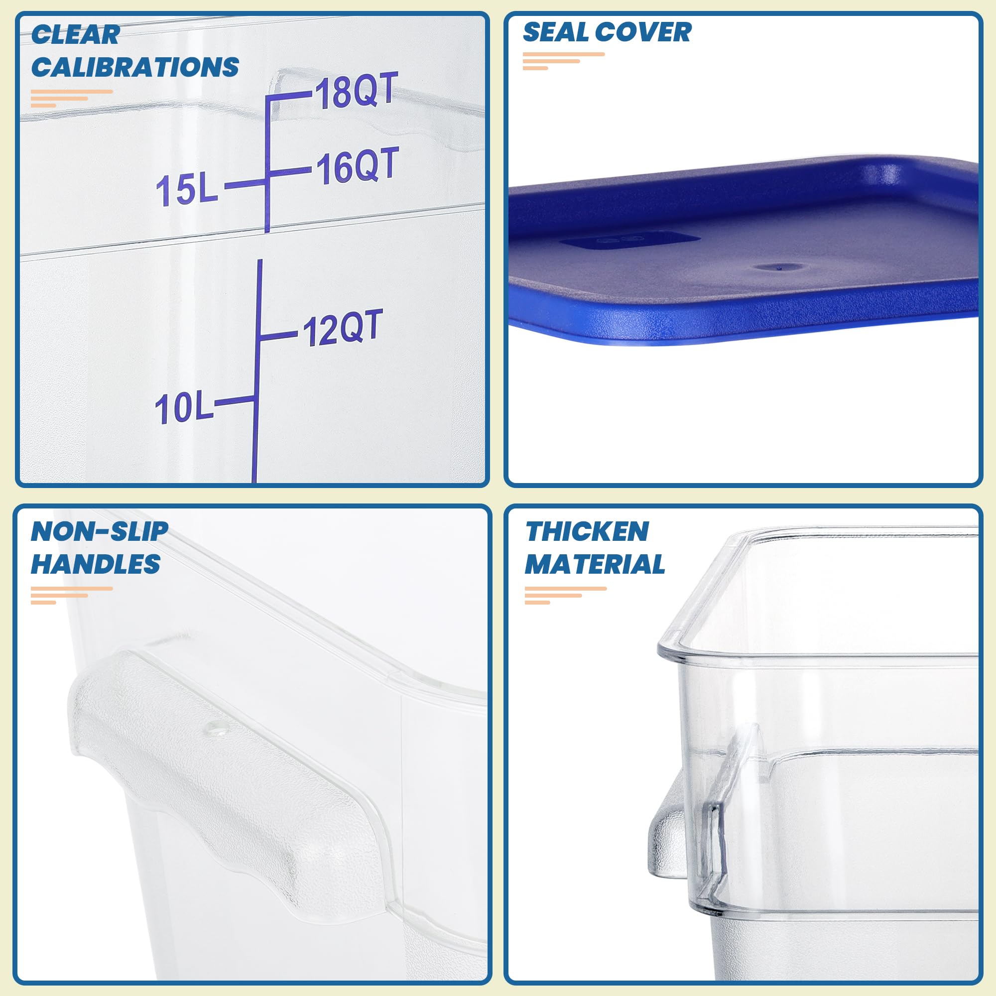 4 Pack 18QT Square Clear Polycarbonate Food Storage Containers with Lids & Measurement Scales - Commercial Grade, BPA-Free, Stackable for Kitchen, Restaurant, Meal Prep & Bulk Food Organization