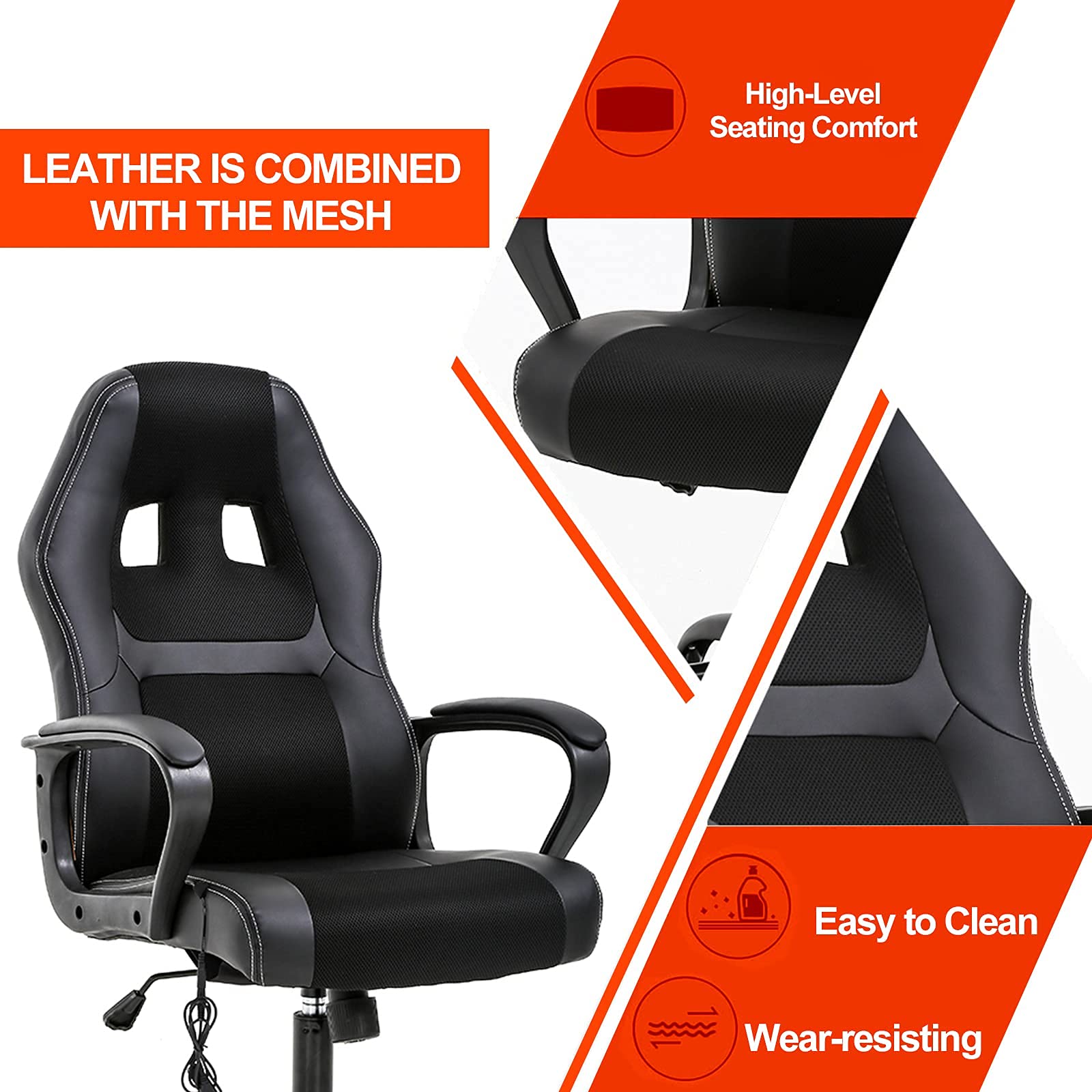 Ergonomic Gaming Chair with Lumbar Support & Headrest - PU Leather High Back PC Office Chair with Wheels for Adults - Perfect for Long Gaming Sessions & Home Office Work - Black